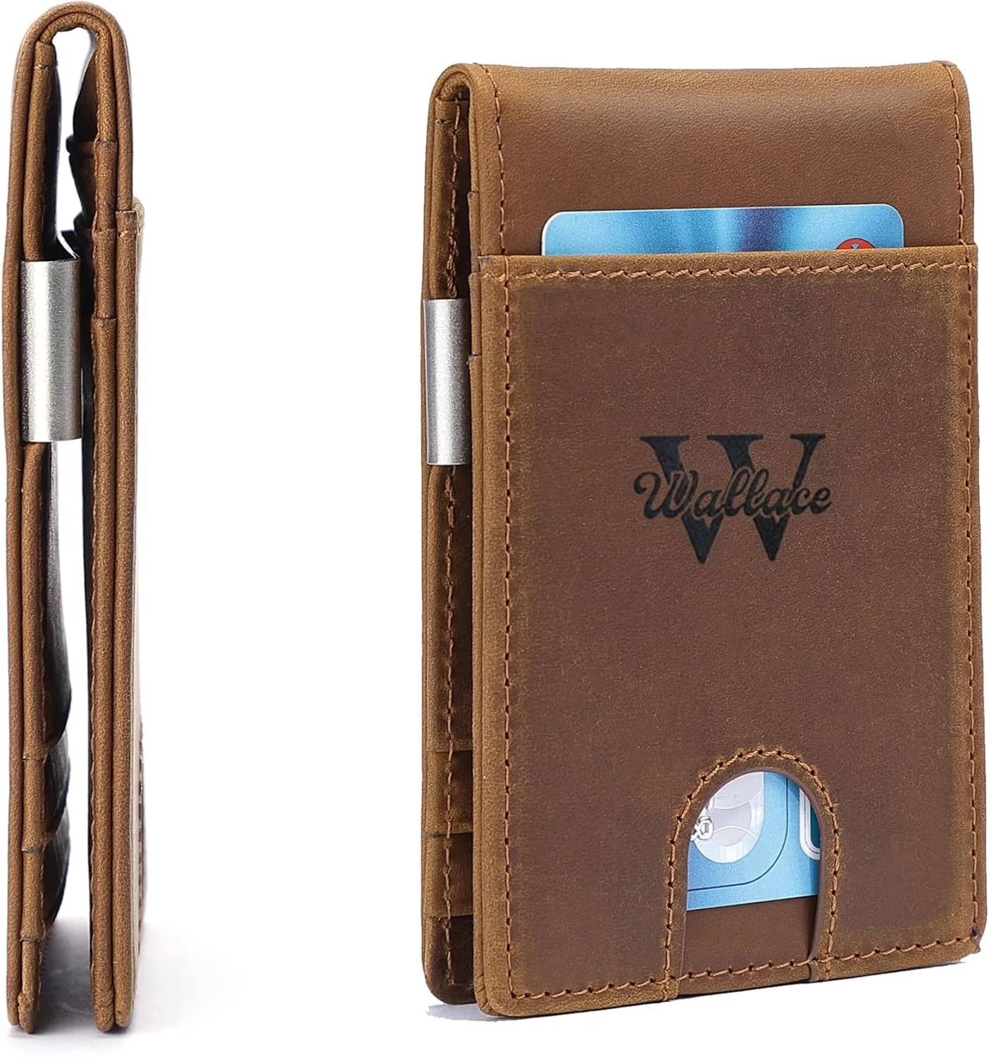 Personalized Custom Engraved Leather Wallet for Husband Dad Son Boyfriend Him - Graduation Birthday Christmas Wedding - RFID Blocking Mens Leather Front Pocket Minimalist Bifold Credit Card Holder