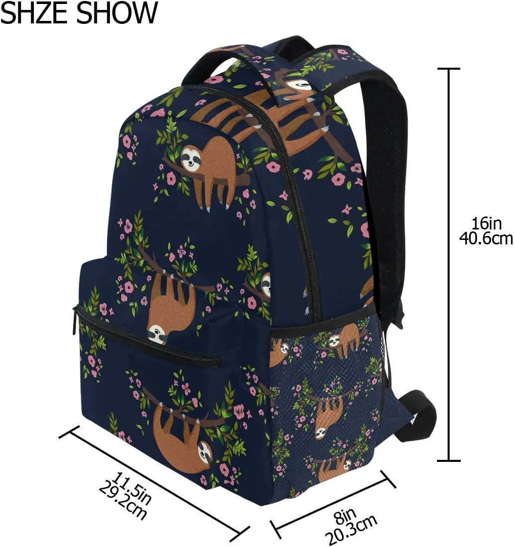 Pfrewn Sloth Backpacks for Girls Boys Kids Women Men Funny Sloth Hanging On The Tree Flowers Branch School Book Bag Casual Travel Camping Daypack