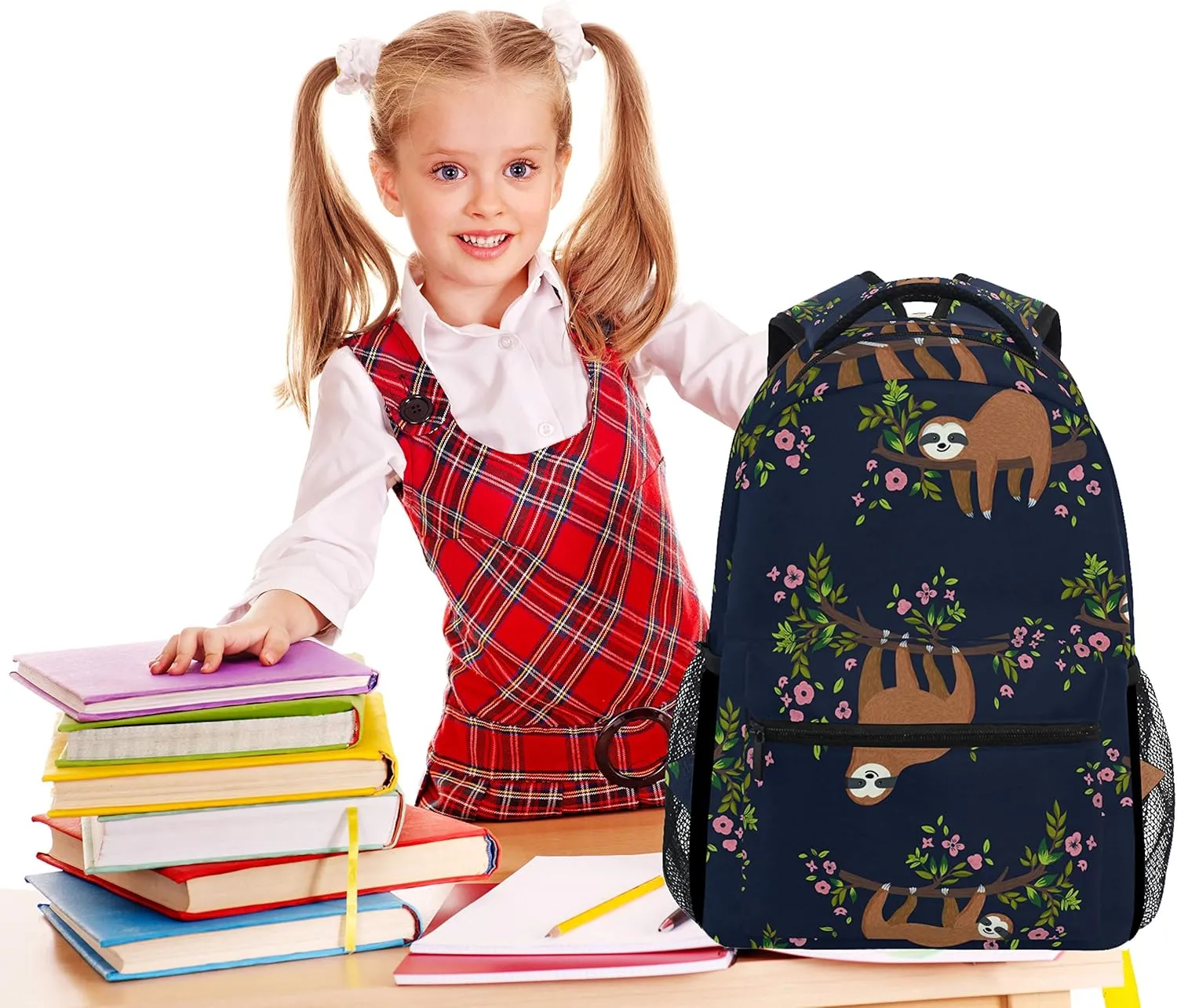 Pfrewn Sloth Backpacks for Girls Boys Kids Women Men Funny Sloth Hanging On The Tree Flowers Branch School Book Bag Casual Travel Camping Daypack