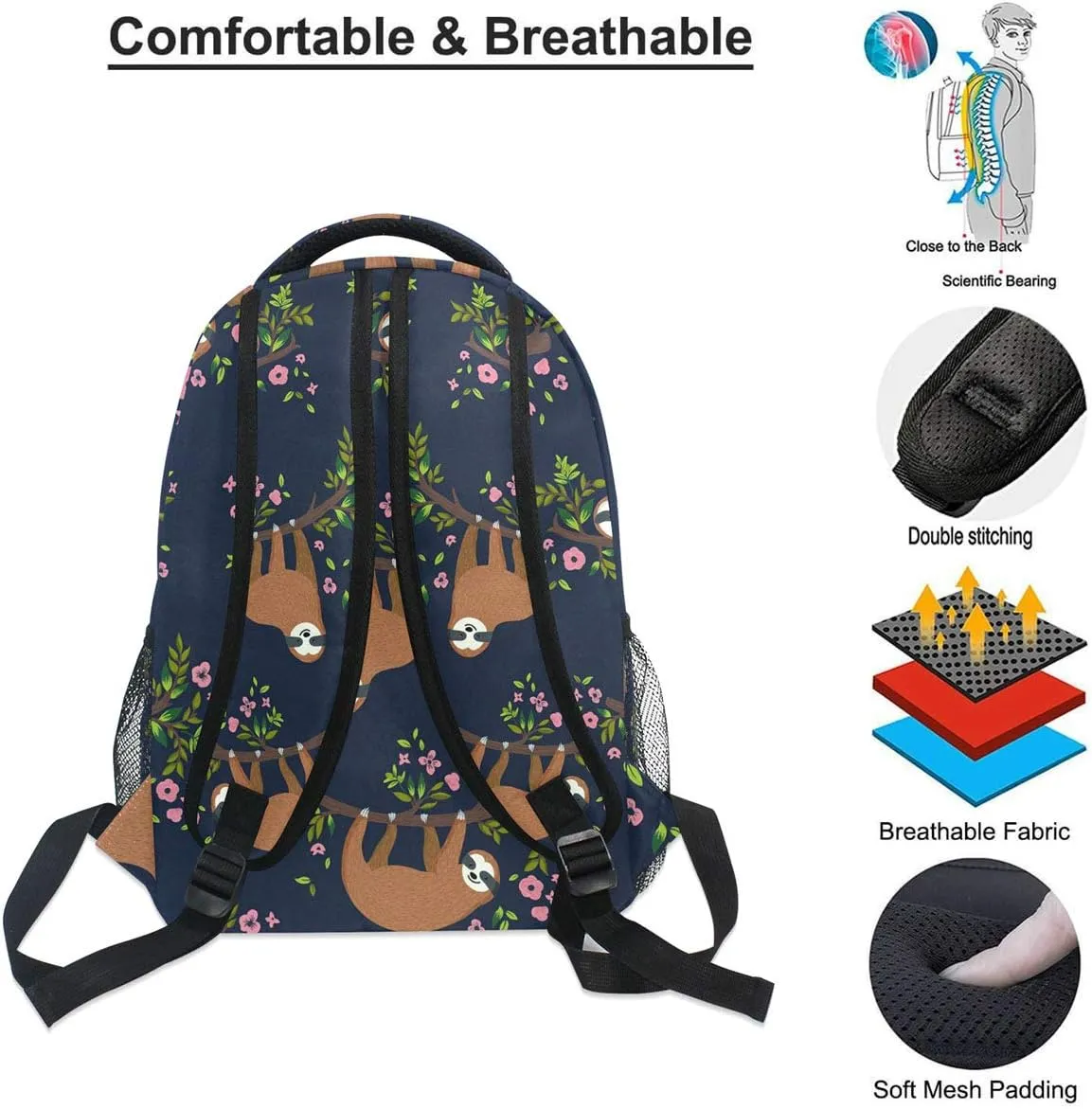 Pfrewn Sloth Backpacks for Girls Boys Kids Women Men Funny Sloth Hanging On The Tree Flowers Branch School Book Bag Casual Travel Camping Daypack