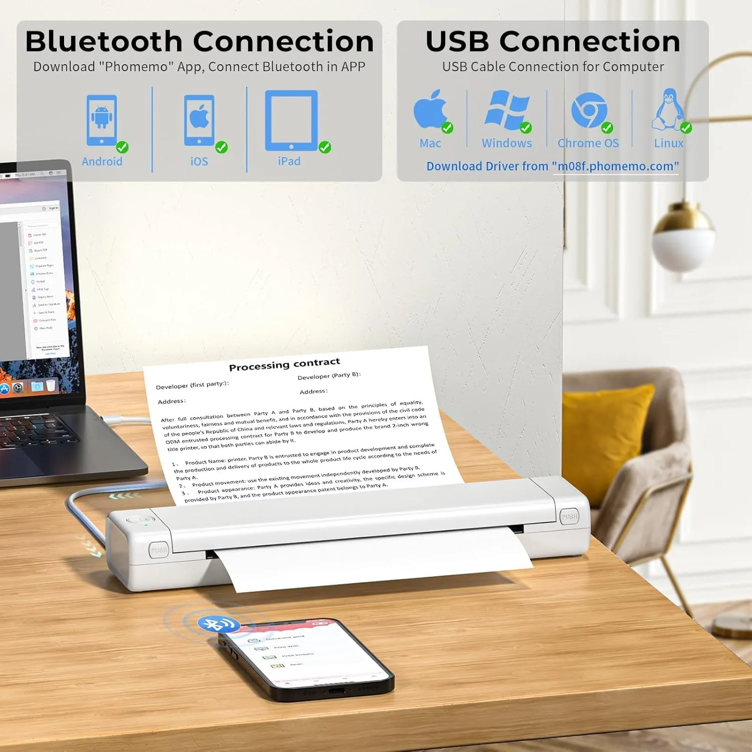 Phomemo M08F Portable Printers Wireless for Travel, Support 8.5" X 11" Thermal Paper, Bluetooth Thermal Printer Compatible with iOS, Android & Laptop, Inkless Mobile Printer for Home with Case
