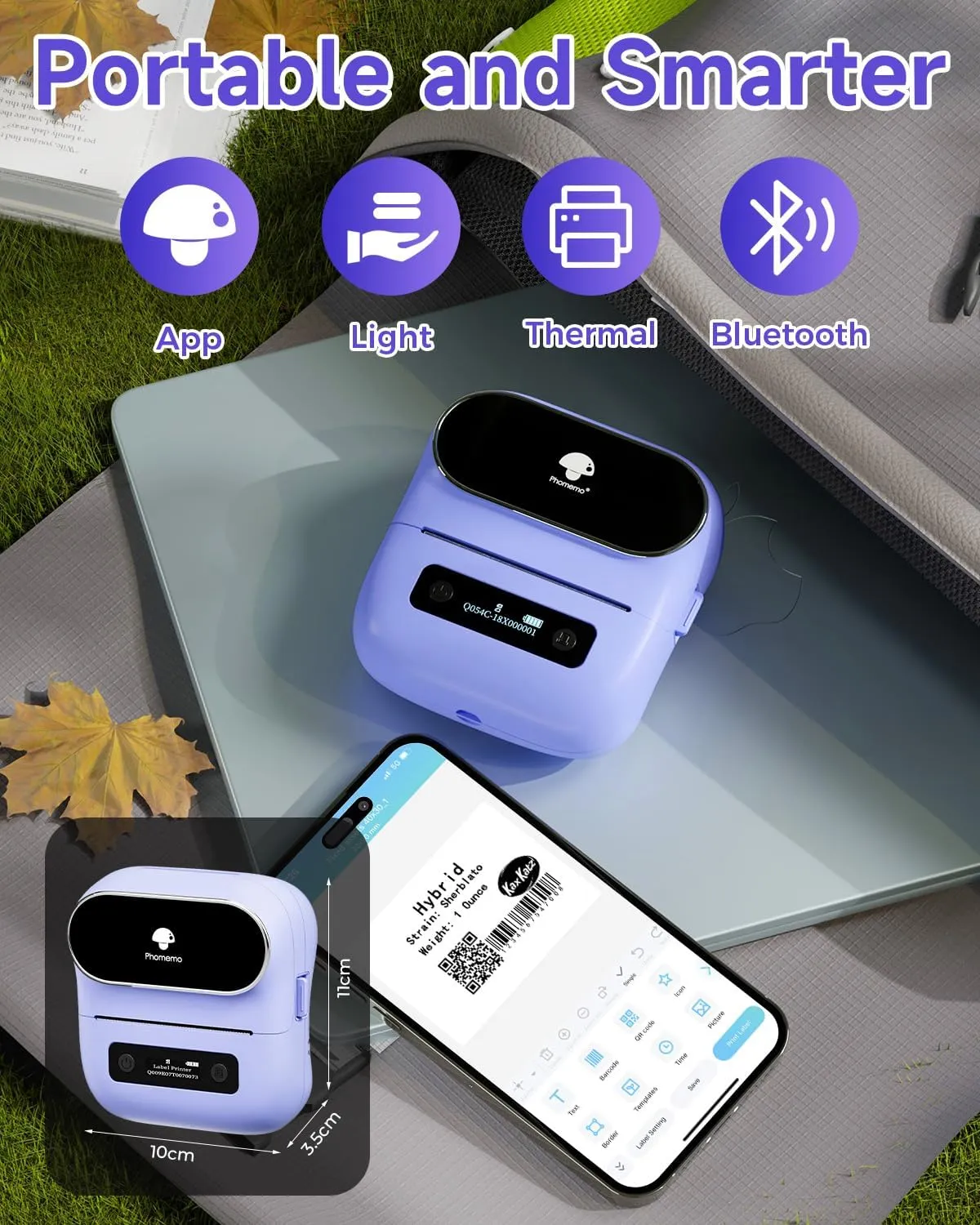 Phomemo M220 Label Maker, Bluetooth Thermal Label Maker Machine for Barcode, Address, Home, Mailing, Small Business,Clothing, Portable Wireless Printer with 1 Rolls Label, Purple