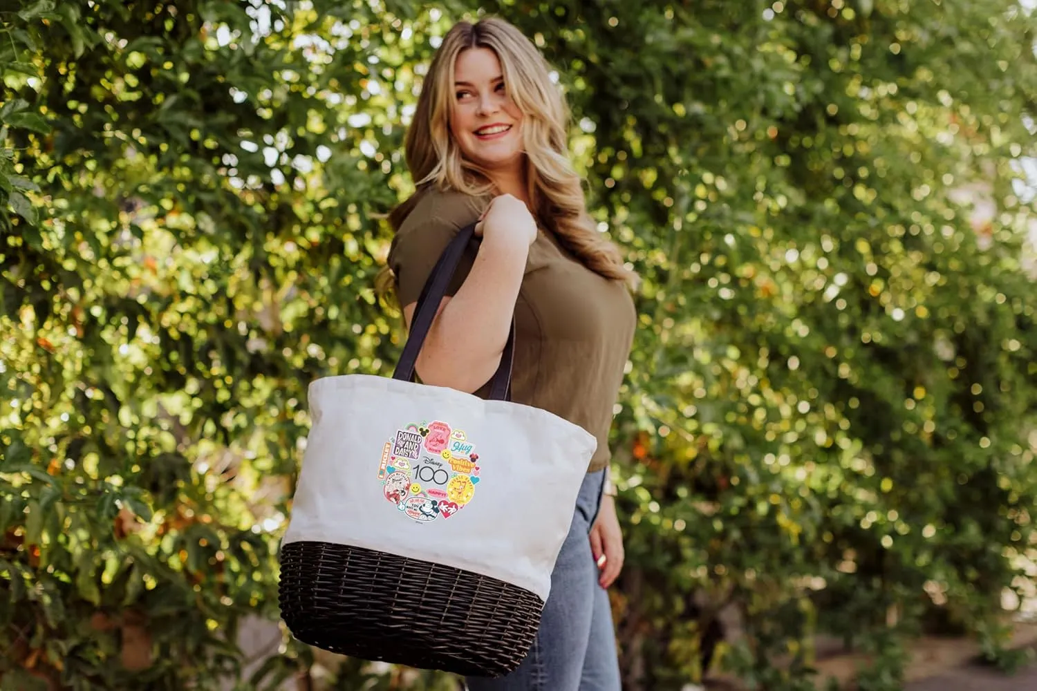 PICNIC TIME Coronado Canvas and Willow Basket Tote, Picnic Tote Bag, Beach Tote