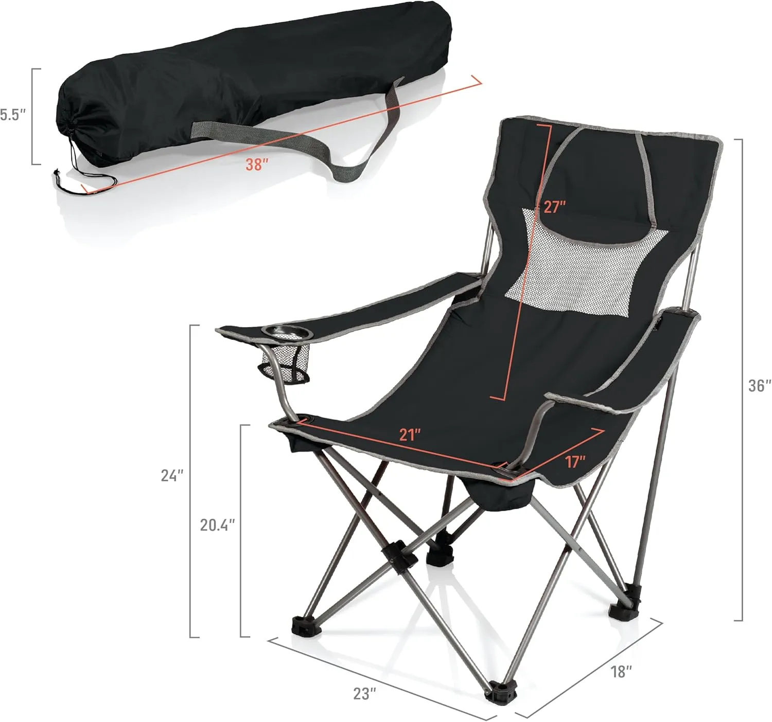 PICNIC TIME NCAA Ohio State Buckeyes Campsite Camping Chair, Picnic Chair, Outdoor Folding Chair with Carry Bag, Beach Chair, (Black with Gray Accents)