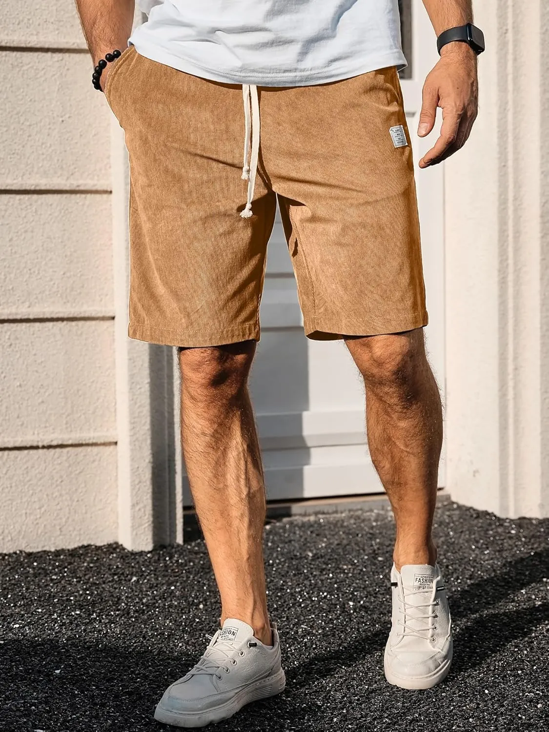 PLEPAN Mens Shorts 7 inch Corduroy Casual Short Drawstring Elastic Waist Lightweight Summer Beach Shorts Loose Fit