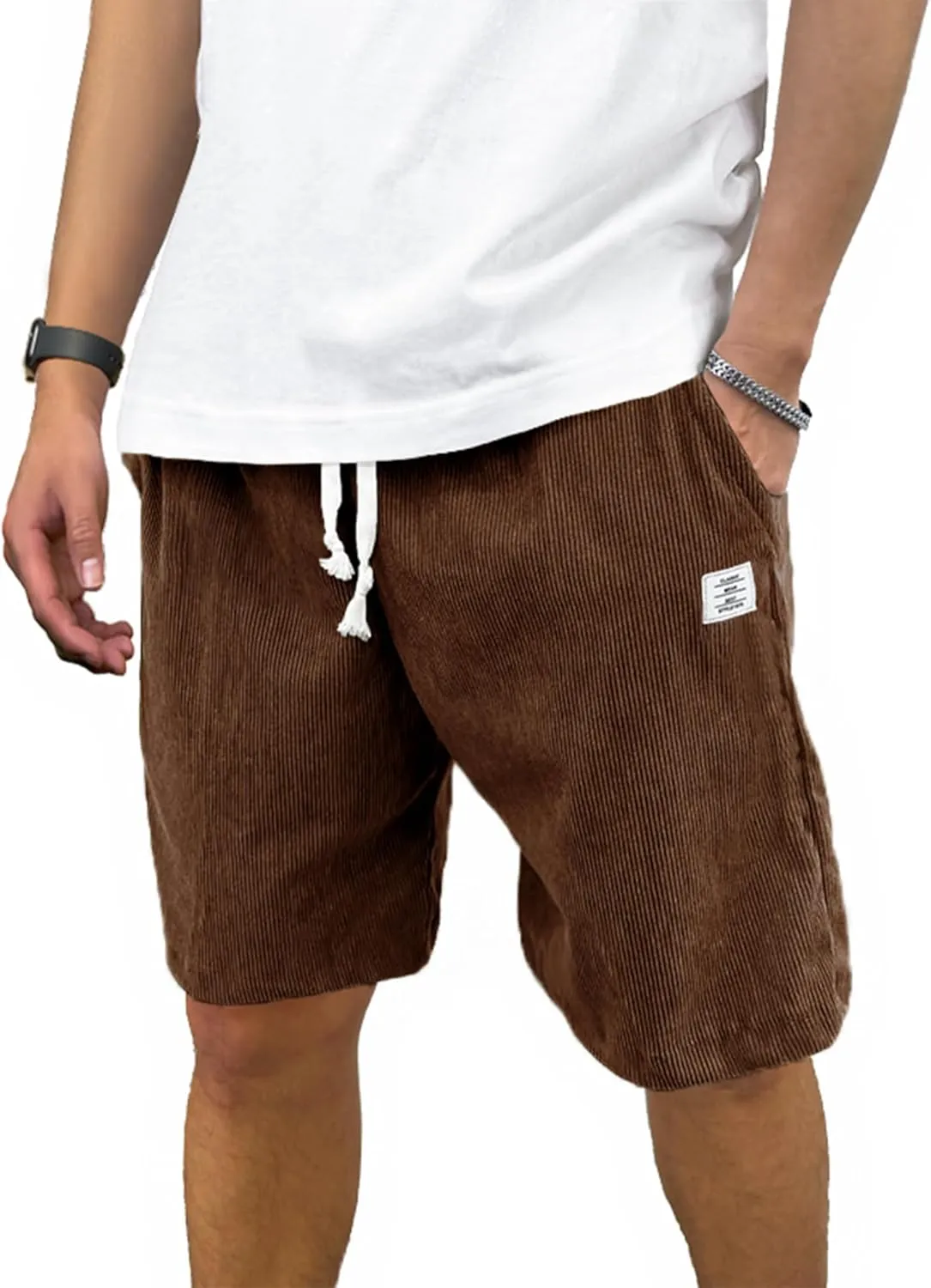 PLEPAN Mens Shorts 7 inch Corduroy Casual Short Drawstring Elastic Waist Lightweight Summer Beach Shorts Loose Fit
