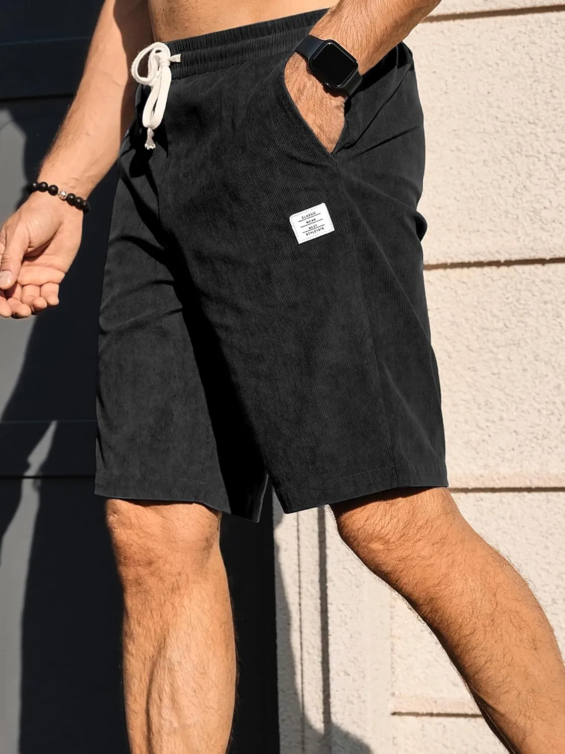 PLEPAN Men's Shorts Casual Corduroy Drawstring Elastic Waist Lightweight Summer Beach Shorts Loose Fit