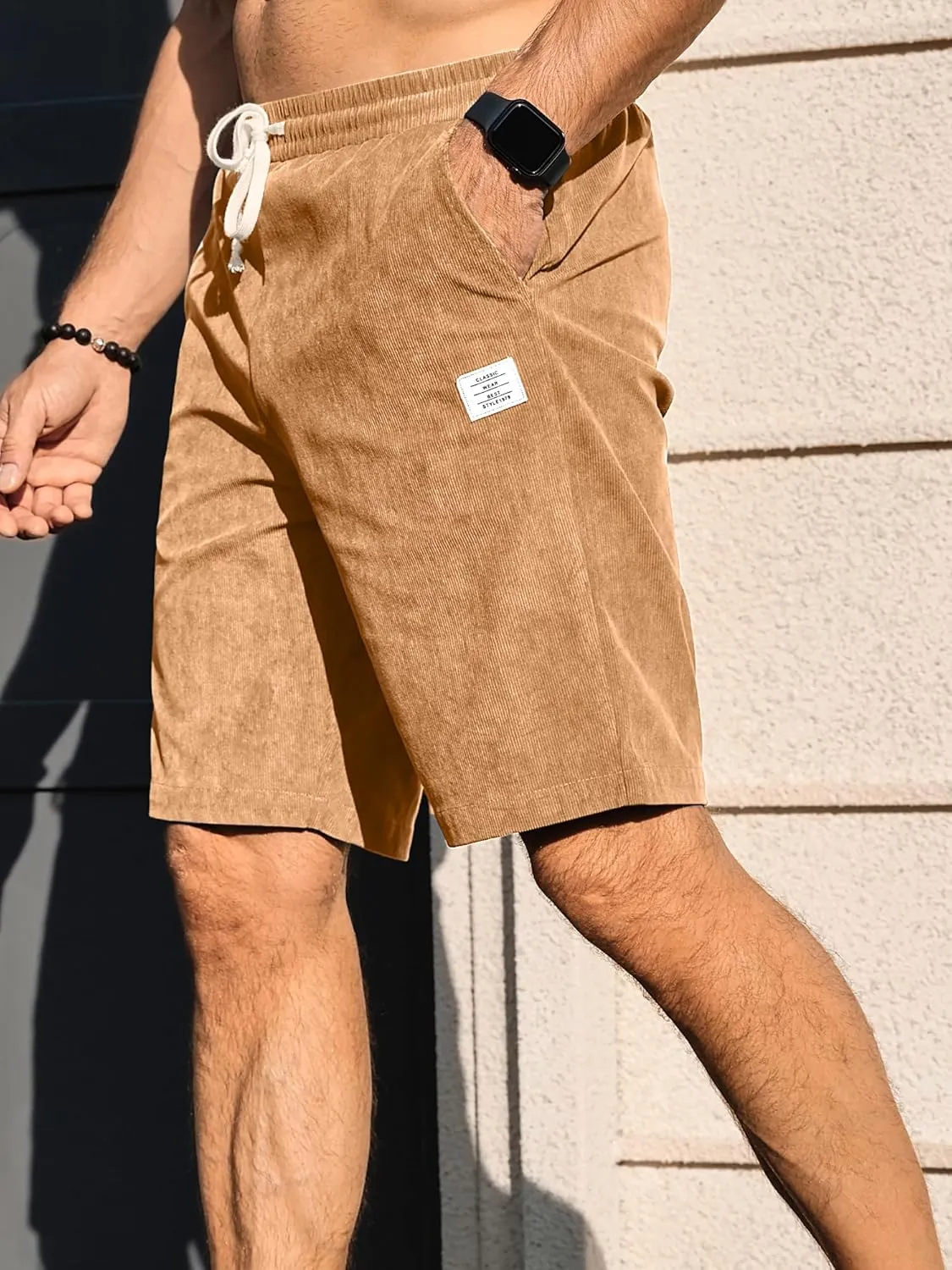 PLEPAN Men's Shorts Casual Corduroy Drawstring Elastic Waist Lightweight Summer Beach Shorts Loose Fit