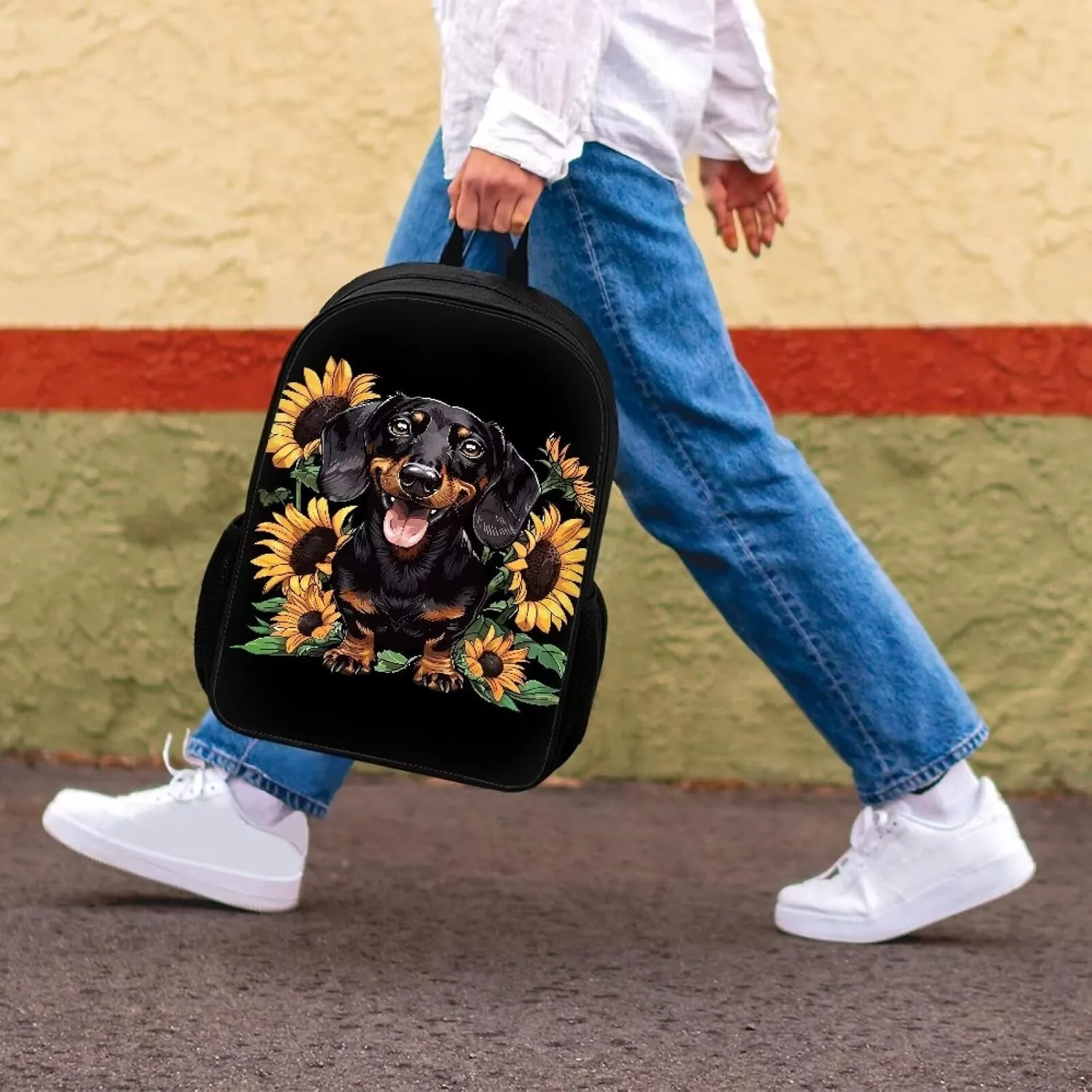 POLERO Sunflower Dachshund Backpack for Sausage Dog Lovers 17 Inch Kids School Bag Rucksack Backpacks Casual Daypack