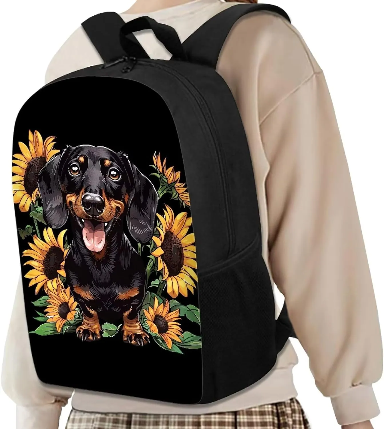 POLERO Sunflower Dachshund Backpack for Sausage Dog Lovers 17 Inch Kids School Bag Rucksack Backpacks Casual Daypack