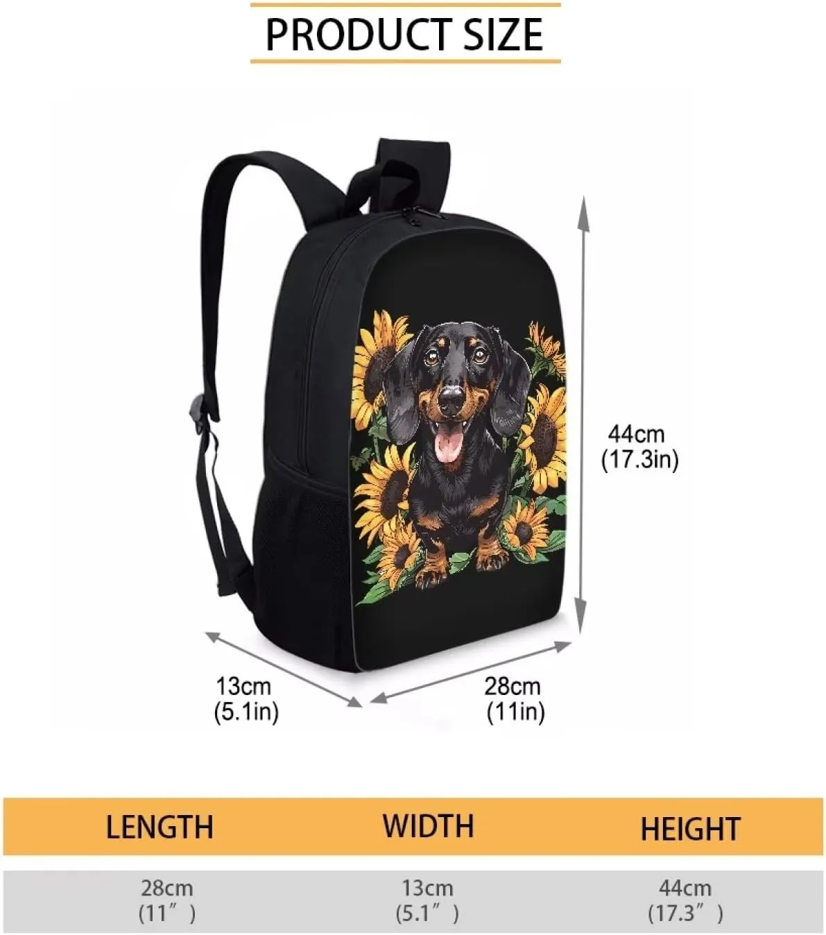 POLERO Sunflower Dachshund Backpack for Sausage Dog Lovers 17 Inch Kids School Bag Rucksack Backpacks Casual Daypack