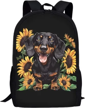 POLERO Sunflower Dachshund Backpack for Sausage Dog Lovers 17 Inch Kids School Bag Rucksack Backpacks Casual Daypack