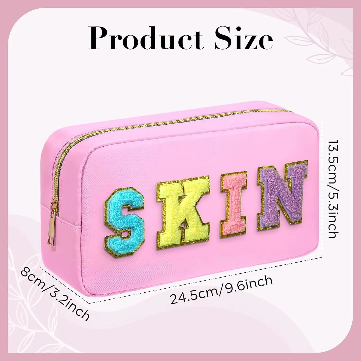 Preppy Makeup Bag, SKIN Makeup Bag with Zipper, Chenille Letter Cosmetic Bag Large Capacity Travel Toiletry Bag, Waterproof Portable Makeup Pouch Gifts for Women Teen Girls(Pink SKIN)