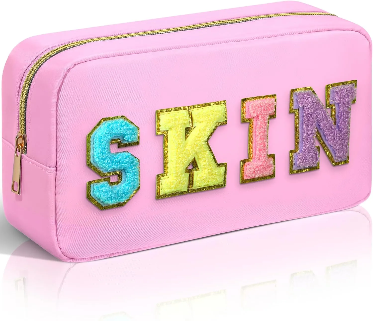 Preppy Makeup Bag, SKIN Makeup Bag with Zipper, Chenille Letter Cosmetic Bag Large Capacity Travel Toiletry Bag, Waterproof Portable Makeup Pouch Gifts for Women Teen Girls(Pink SKIN)