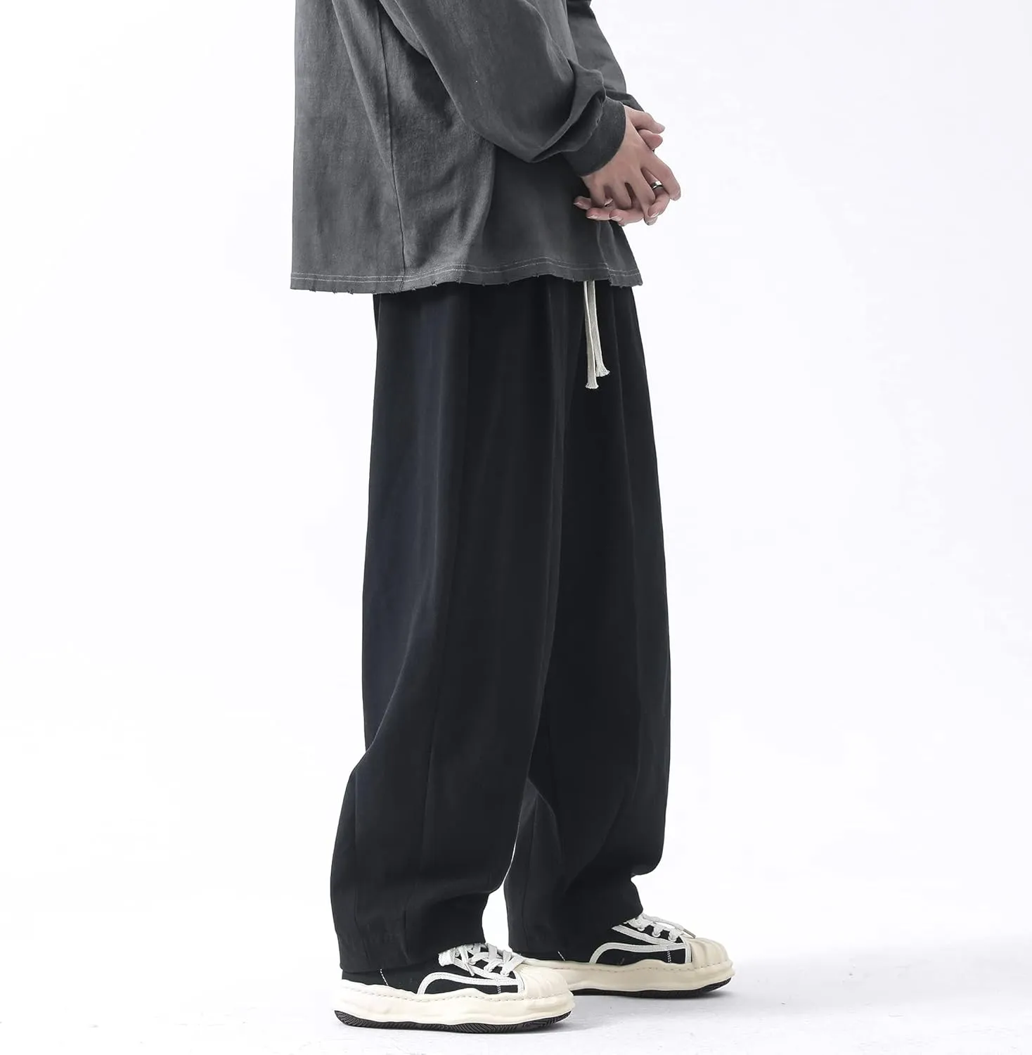 PRIJOUHE Men's Baggy Cargo Pants Casual Loose Fit Wide Leg Pants with Elastic Drawstring Waist