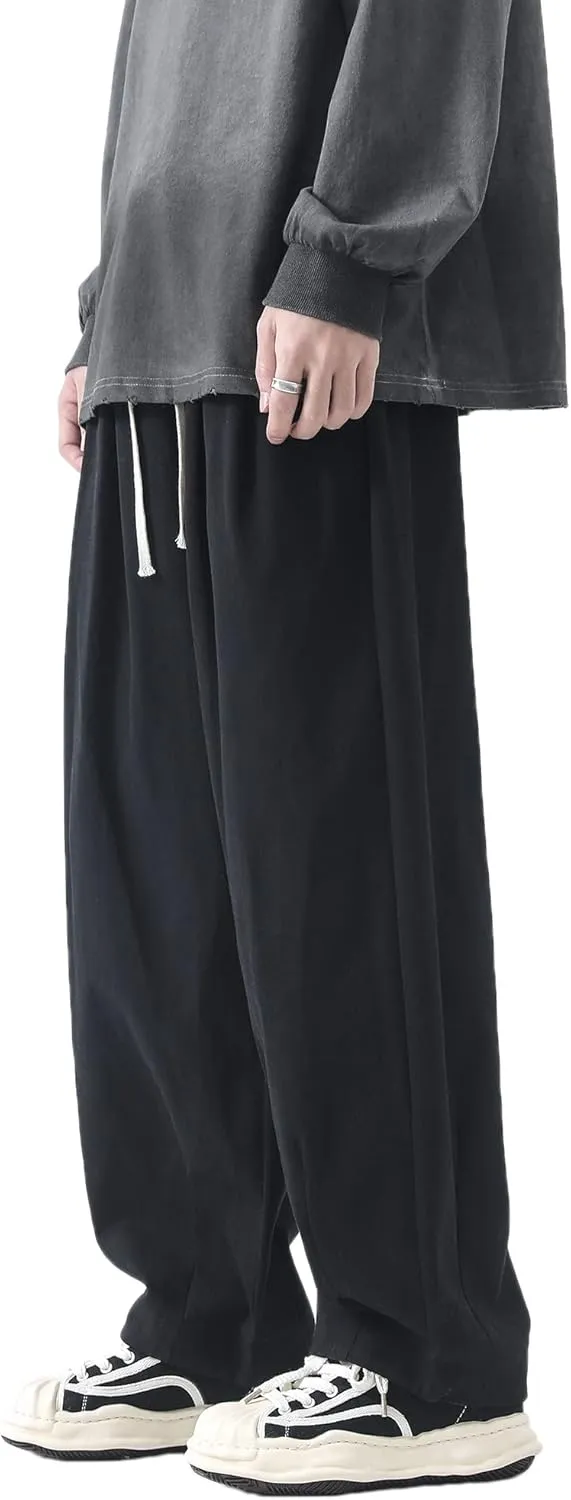 PRIJOUHE Men's Baggy Cargo Pants Casual Loose Fit Wide Leg Pants with Elastic Drawstring Waist