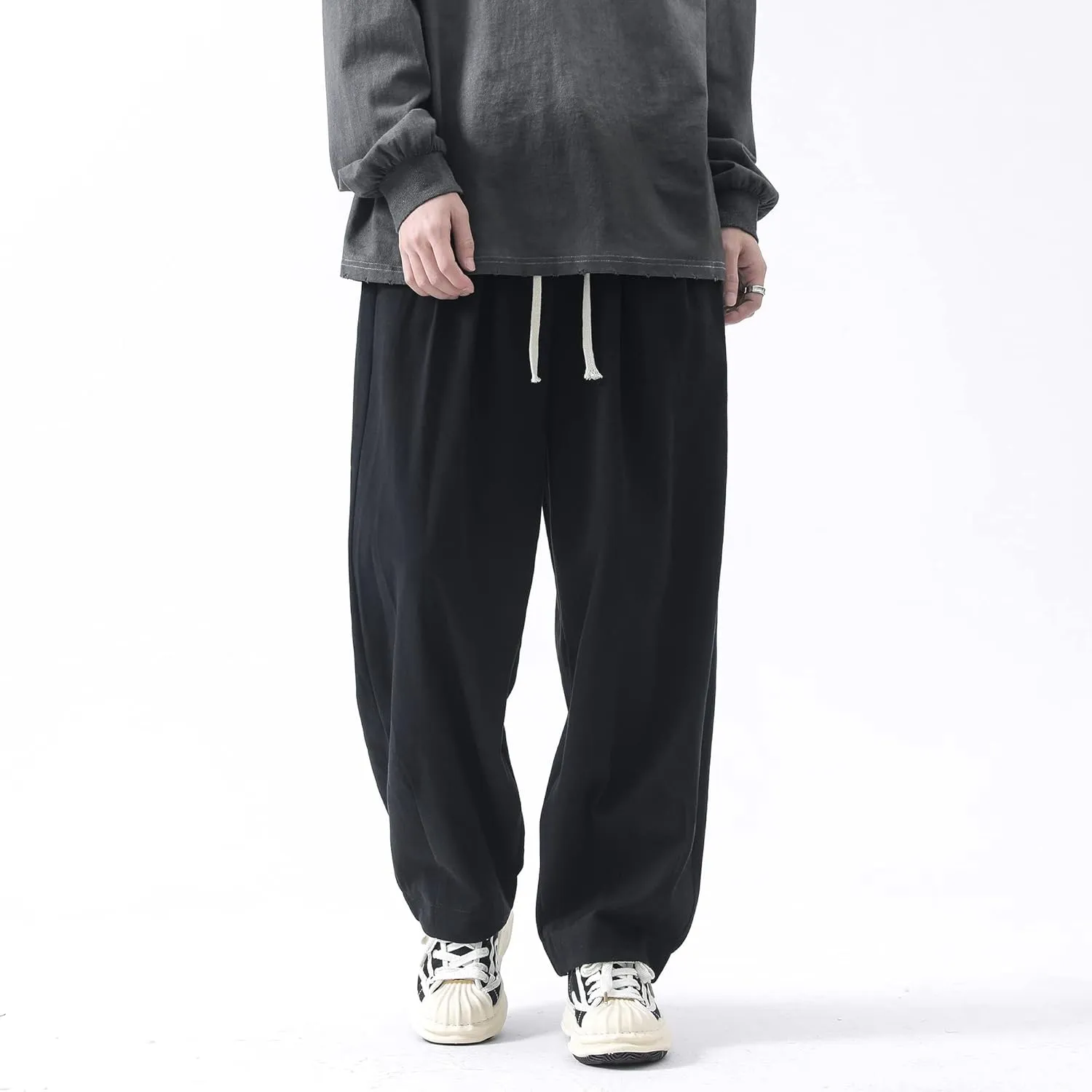 PRIJOUHE Men's Baggy Cargo Pants Casual Loose Fit Wide Leg Pants with Elastic Drawstring Waist