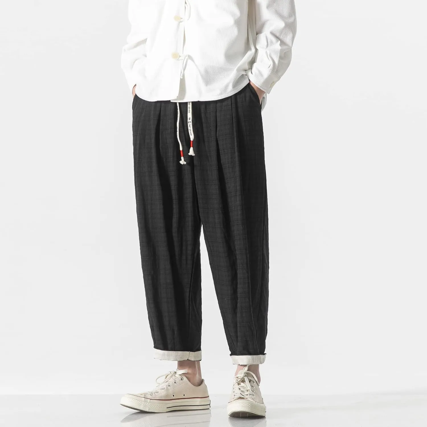 PRIJOUHE Men's Casual Capri Pants Elastic Waist Wide Leg Loose Baggy Harem Pants Breathable Summer Beach Pants
