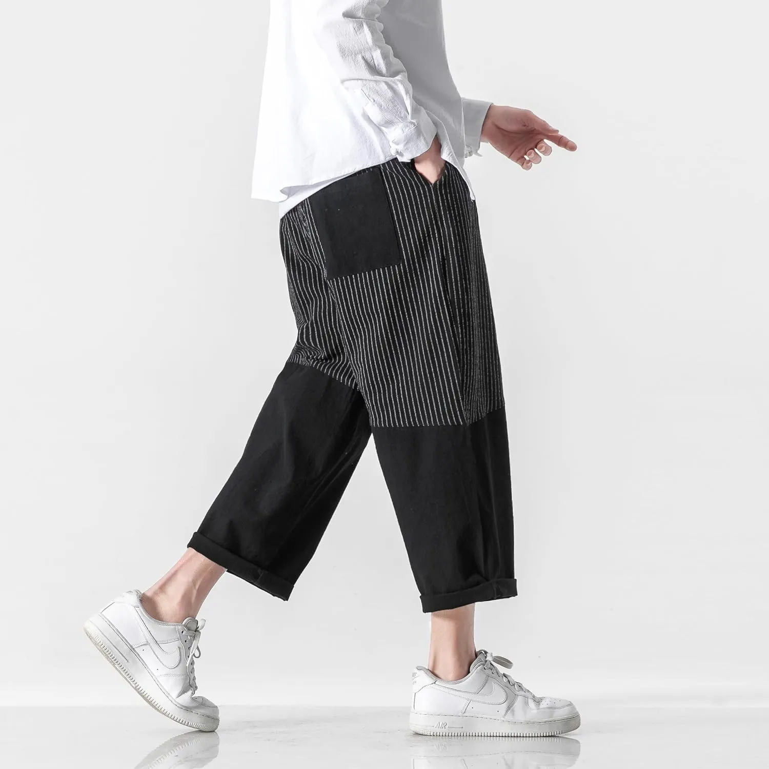 PRIJOUHE Men's Casual Capri Pants Elastic Waist Wide Leg Loose Baggy Harem Pants Breathable Summer Beach Pants