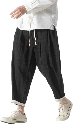 PRIJOUHE Men's Casual Capri Pants Elastic Waist Wide Leg Loose Baggy Harem Pants Breathable Summer Beach Pants
