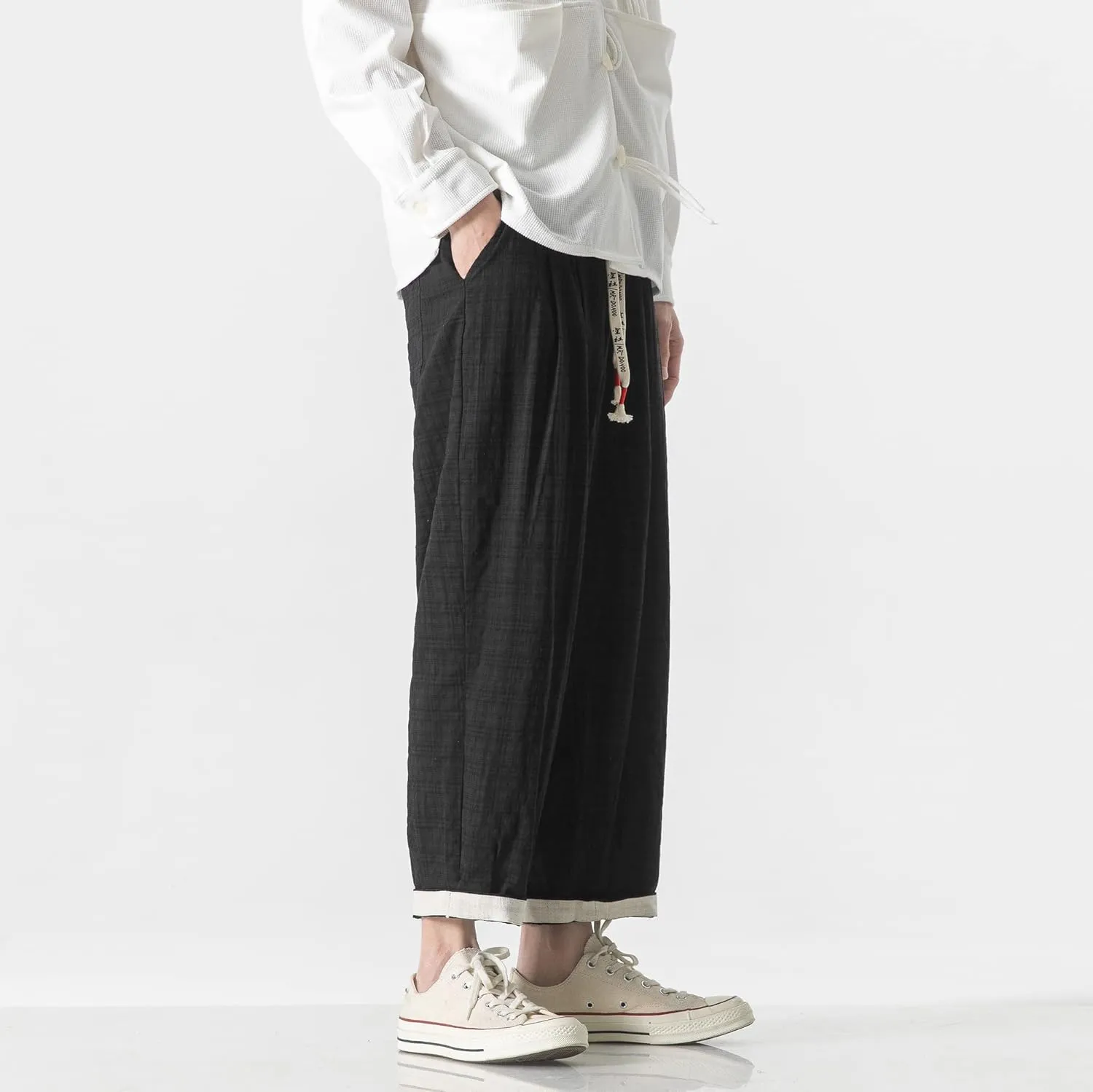 PRIJOUHE Men's Casual Capri Pants Elastic Waist Wide Leg Loose Baggy Harem Pants Breathable Summer Beach Pants