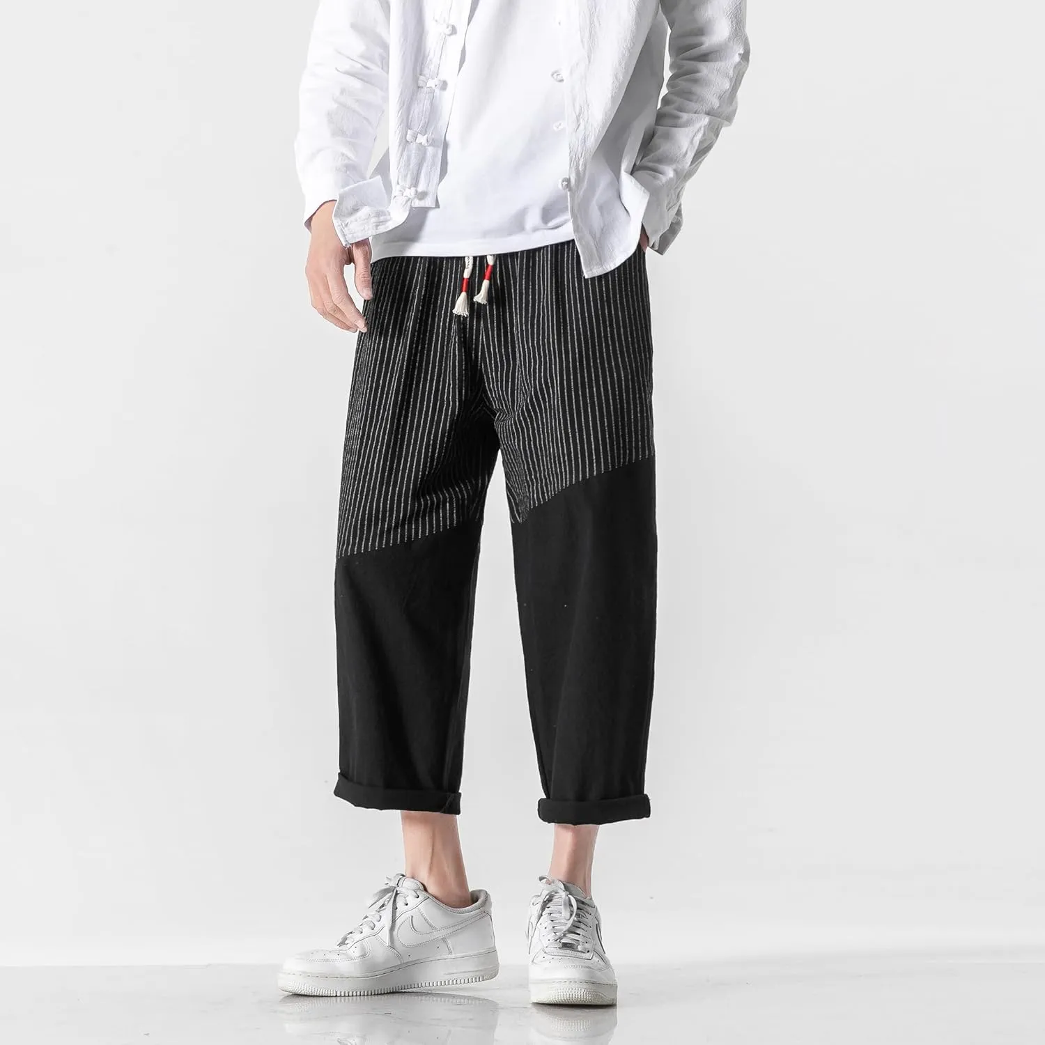 PRIJOUHE Men's Casual Capri Pants Elastic Waist Wide Leg Loose Baggy Harem Pants Breathable Summer Beach Pants