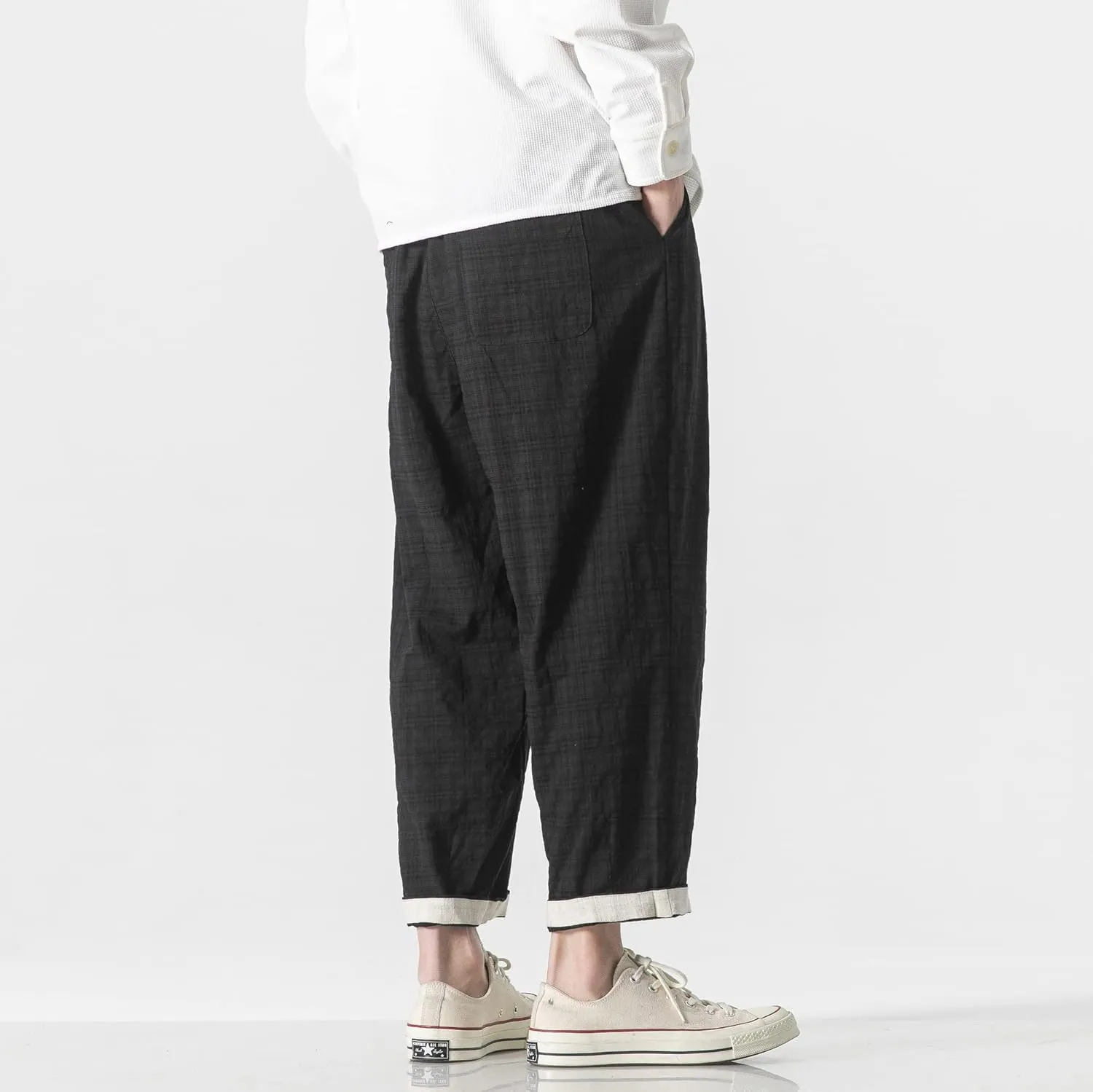 PRIJOUHE Men's Casual Capri Pants Elastic Waist Wide Leg Loose Baggy Harem Pants Breathable Summer Beach Pants