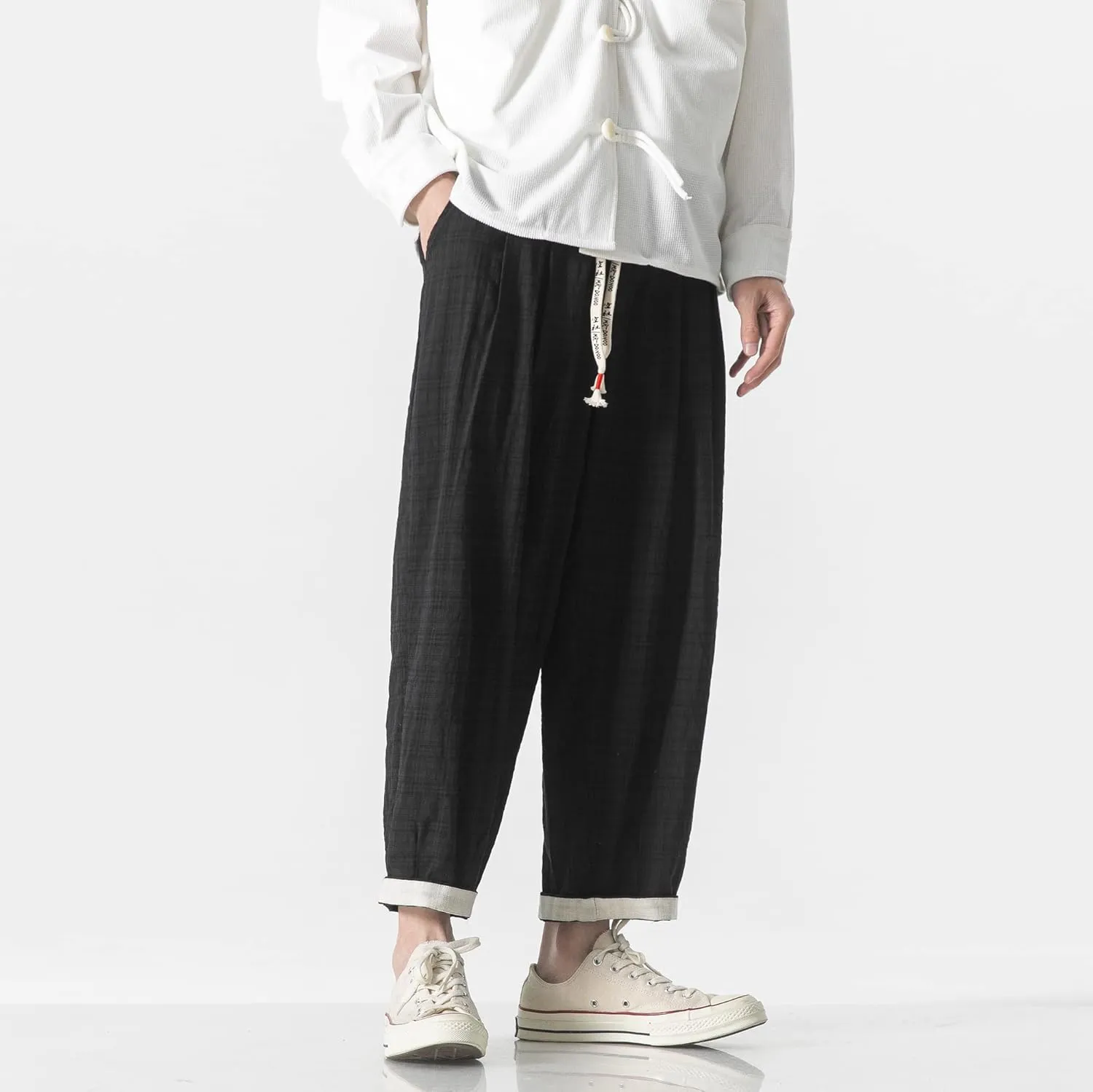 PRIJOUHE Men's Casual Capri Pants Elastic Waist Wide Leg Loose Baggy Harem Pants Breathable Summer Beach Pants