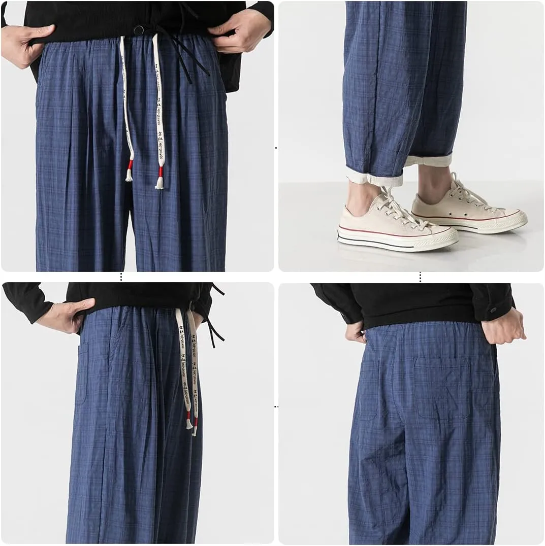 PRIJOUHE Men's Casual Capri Pants Elastic Waist Wide Leg Loose Baggy Harem Pants Breathable Summer Beach Pants