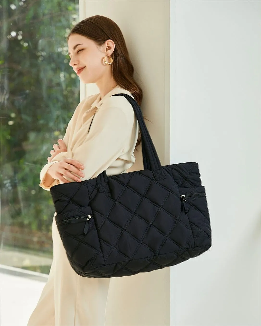 Prite Quilted Tote Bag for Women, Lightweight Puffer Tote with Zipper, Travel Work Nurse Gym Bag