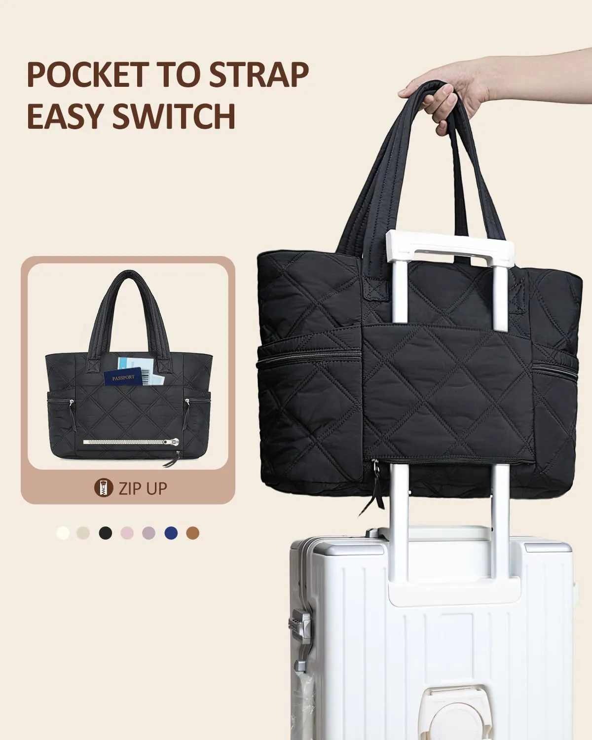 Prite Quilted Tote Bag for Women, Lightweight Puffer Tote with Zipper, Travel Work Nurse Gym Bag