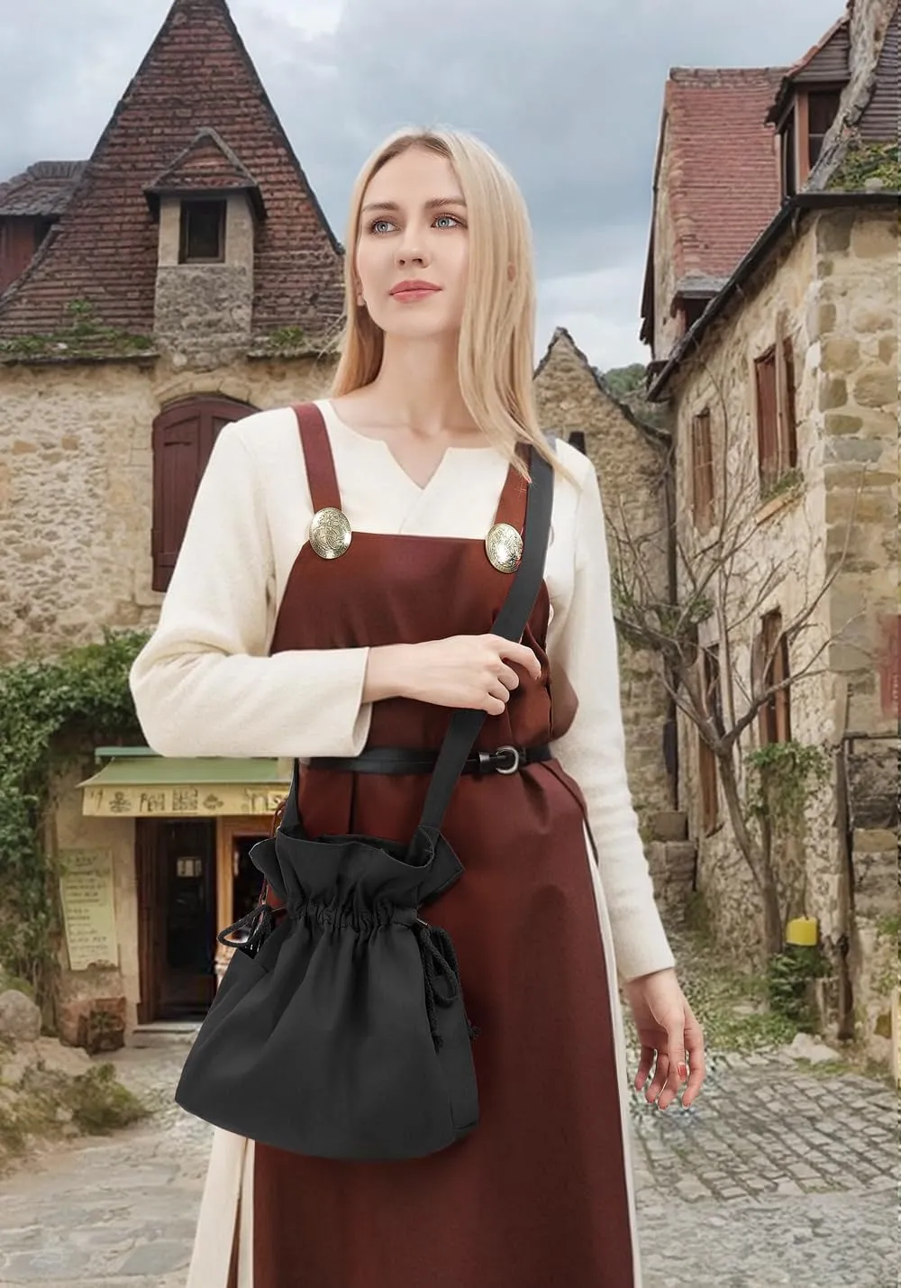 PROCOS Medieval Drawstring Bag Canvas Shoulder Bag Waist Pouch Costume Accessories Coins Purse with Side Pakets Festival LARP (Black)