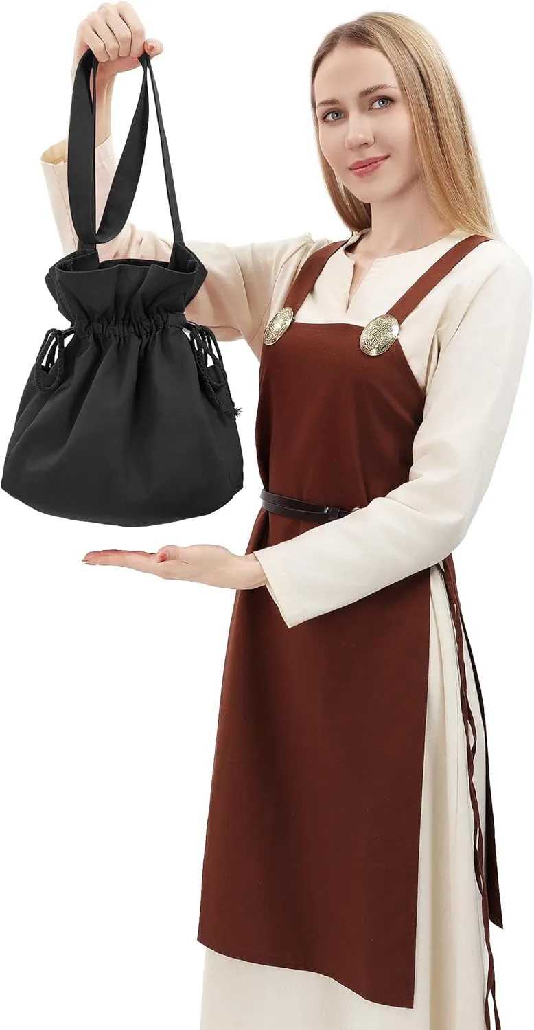 PROCOS Medieval Drawstring Bag Canvas Shoulder Bag Waist Pouch Costume Accessories Coins Purse with Side Pakets Festival LARP (Black)