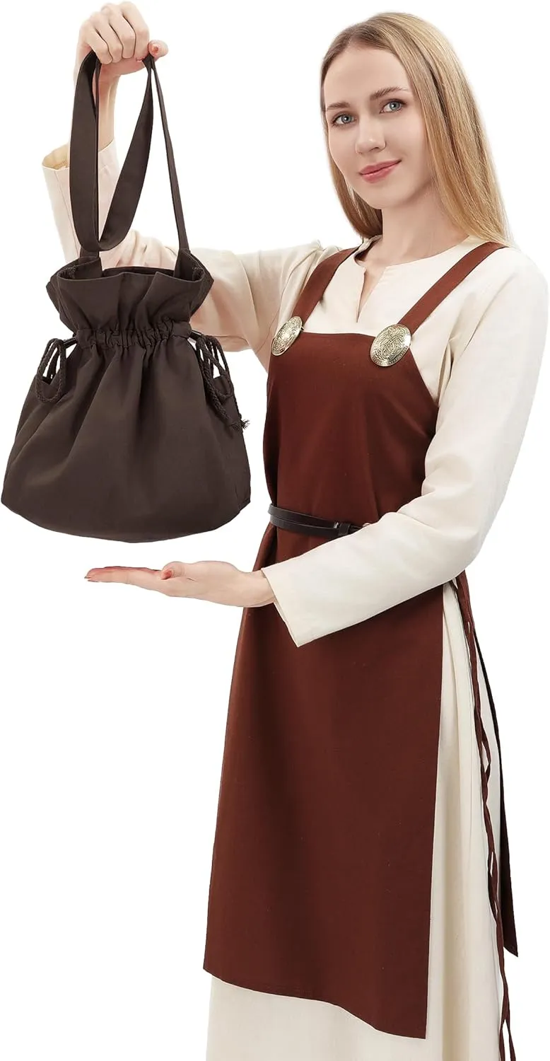 PROCOS Medieval Drawstring Bag Canvas Shoulder Bag Waist Pouch Costume Accessories Coins Purse with Side Pakets Festival LARP (Brown)