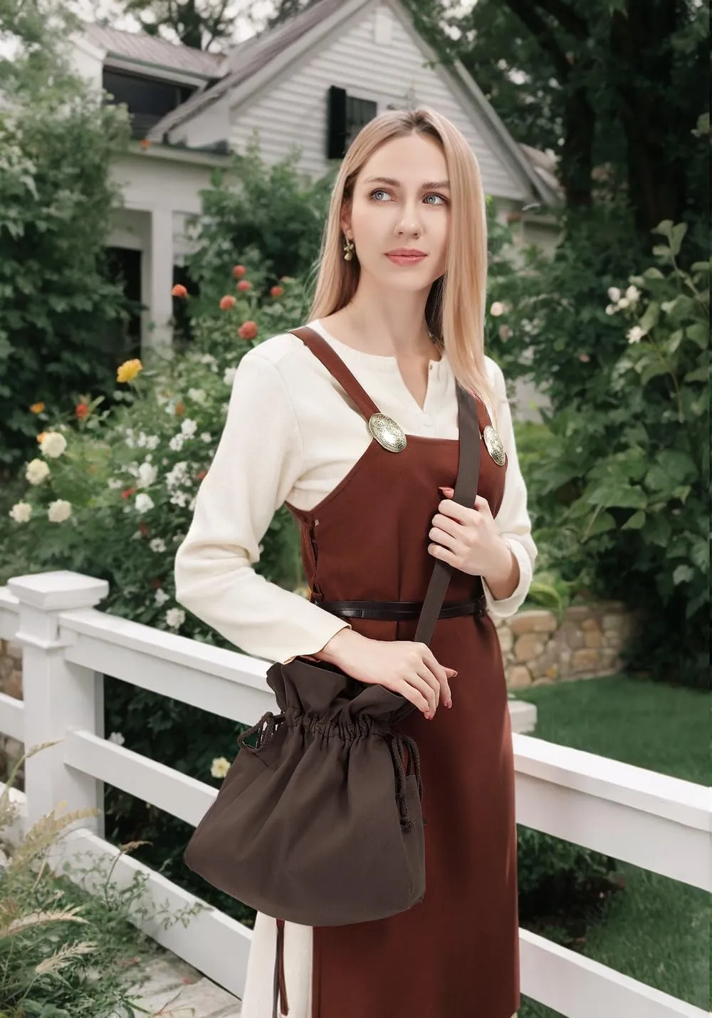 PROCOS Medieval Drawstring Bag Canvas Shoulder Bag Waist Pouch Costume Accessories Coins Purse with Side Pakets Festival LARP (Brown)