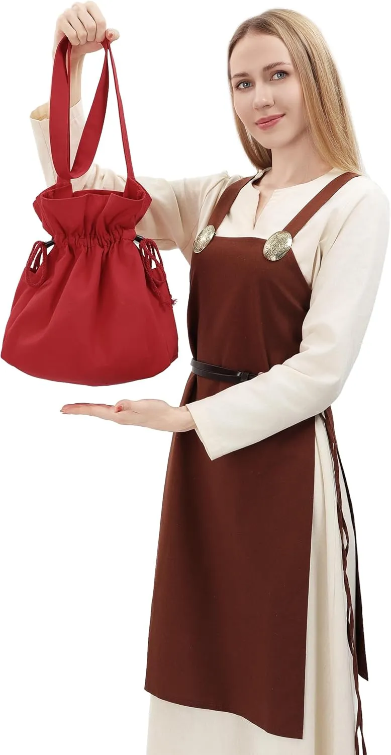 PROCOS Medieval Drawstring Bag Canvas Shoulder Bag Waist Pouch Costume Accessories Coins Purse with Side Pakets Festival LARP (Red, L, bag)