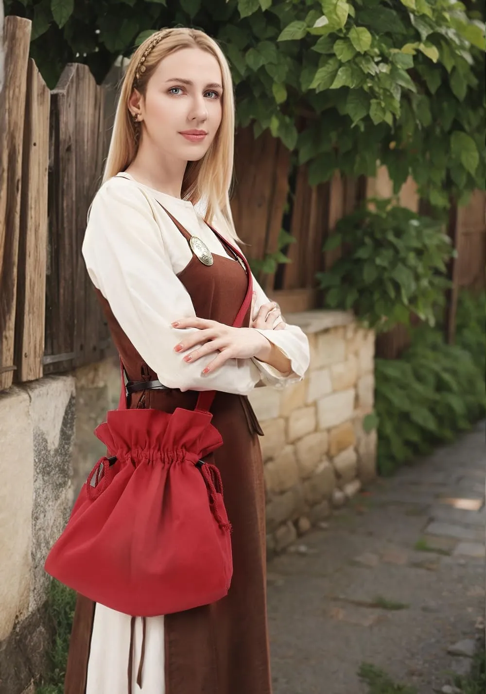 PROCOS Medieval Drawstring Bag Canvas Shoulder Bag Waist Pouch Costume Accessories Coins Purse with Side Pakets Festival LARP (Red, L, bag)