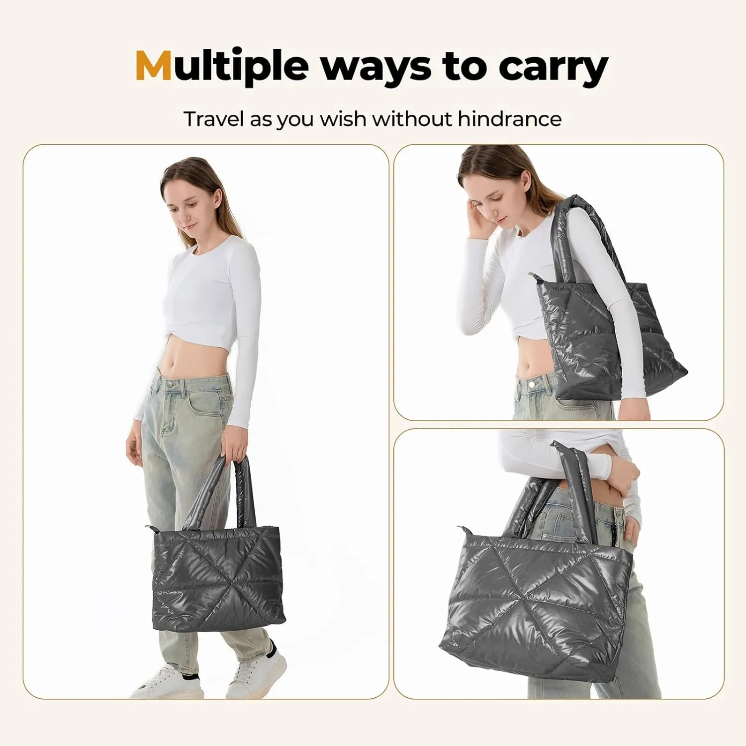 Puffer Tote Bag for Women, Large Quilted Tote Bag with Detachable Strap, Ultra-Lightweight and Soft Puffy Bag