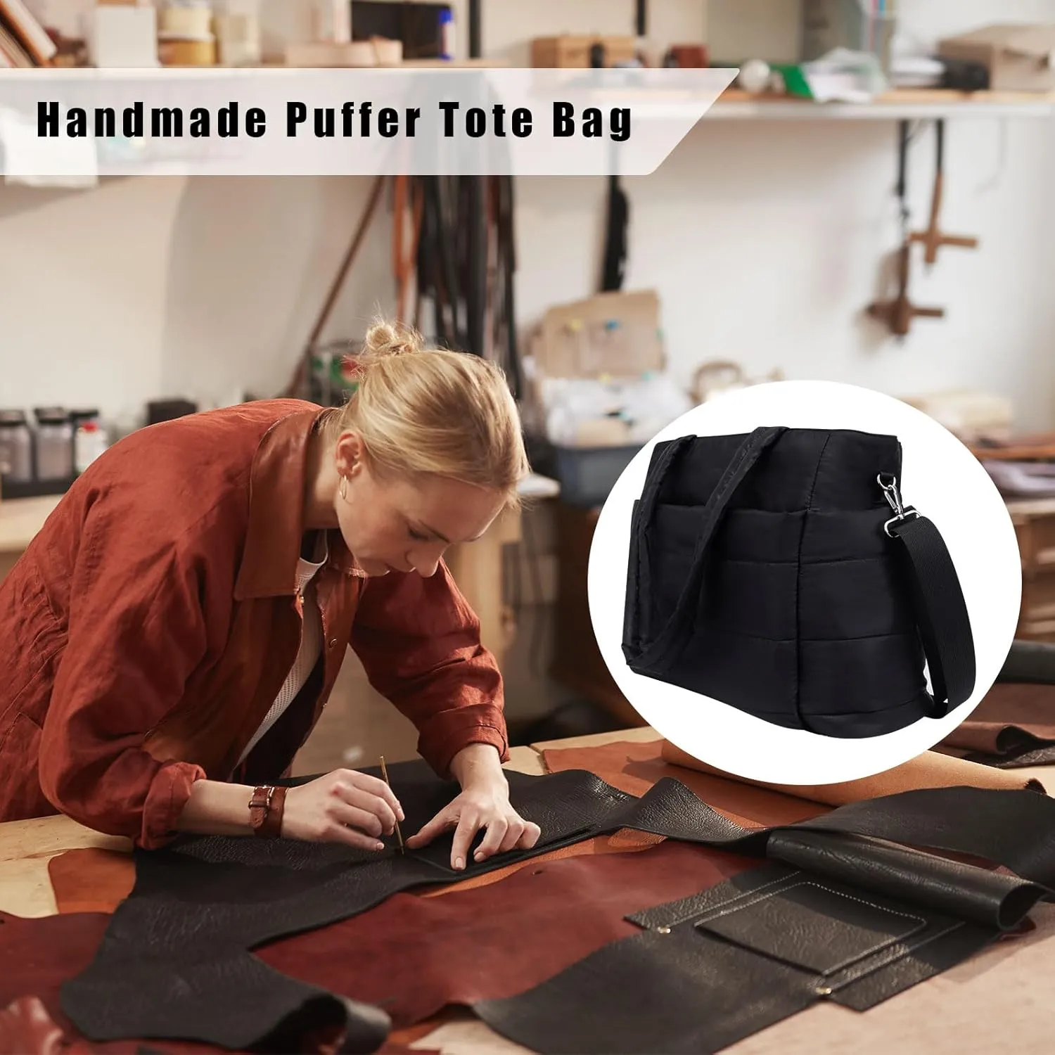 Puffer Tote Bag for Women, Quilted Shoulder Work Bag, Lightweight Travel Tote with Laptop Compartment