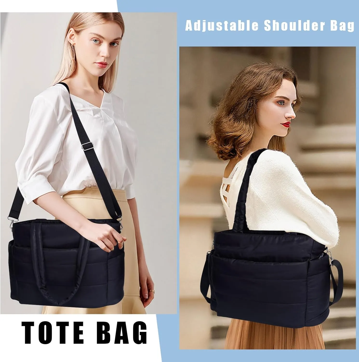 Puffer Tote Bag for Women, Quilted Shoulder Work Bag, Lightweight Travel Tote with Laptop Compartment