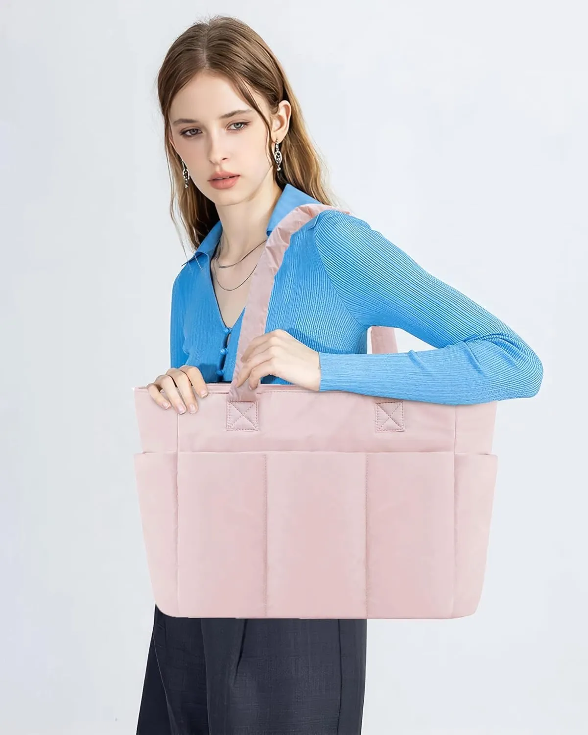Puffer Tote Bag, Work Bags for Women with Laptop Compartment, Travel Tote with Luggage Sleeve, Quilted Bag for School