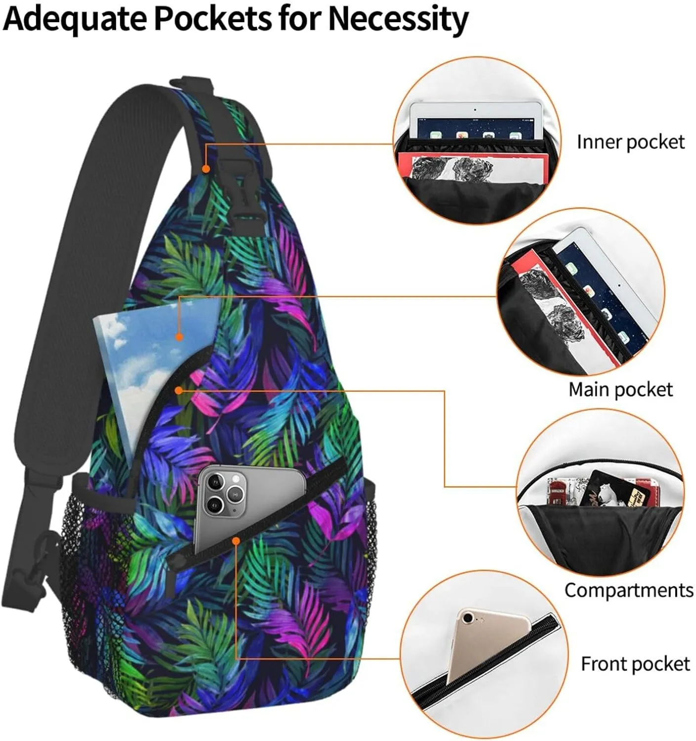 Purple Tropical Watercolor Palm Leaves Cross Chest Bag Diagonally Hiking Crossbody Bag Travel Shoulder Daypack Lightweight Sling Backpack Cycling Daypacks Fitness Chest Backpacks