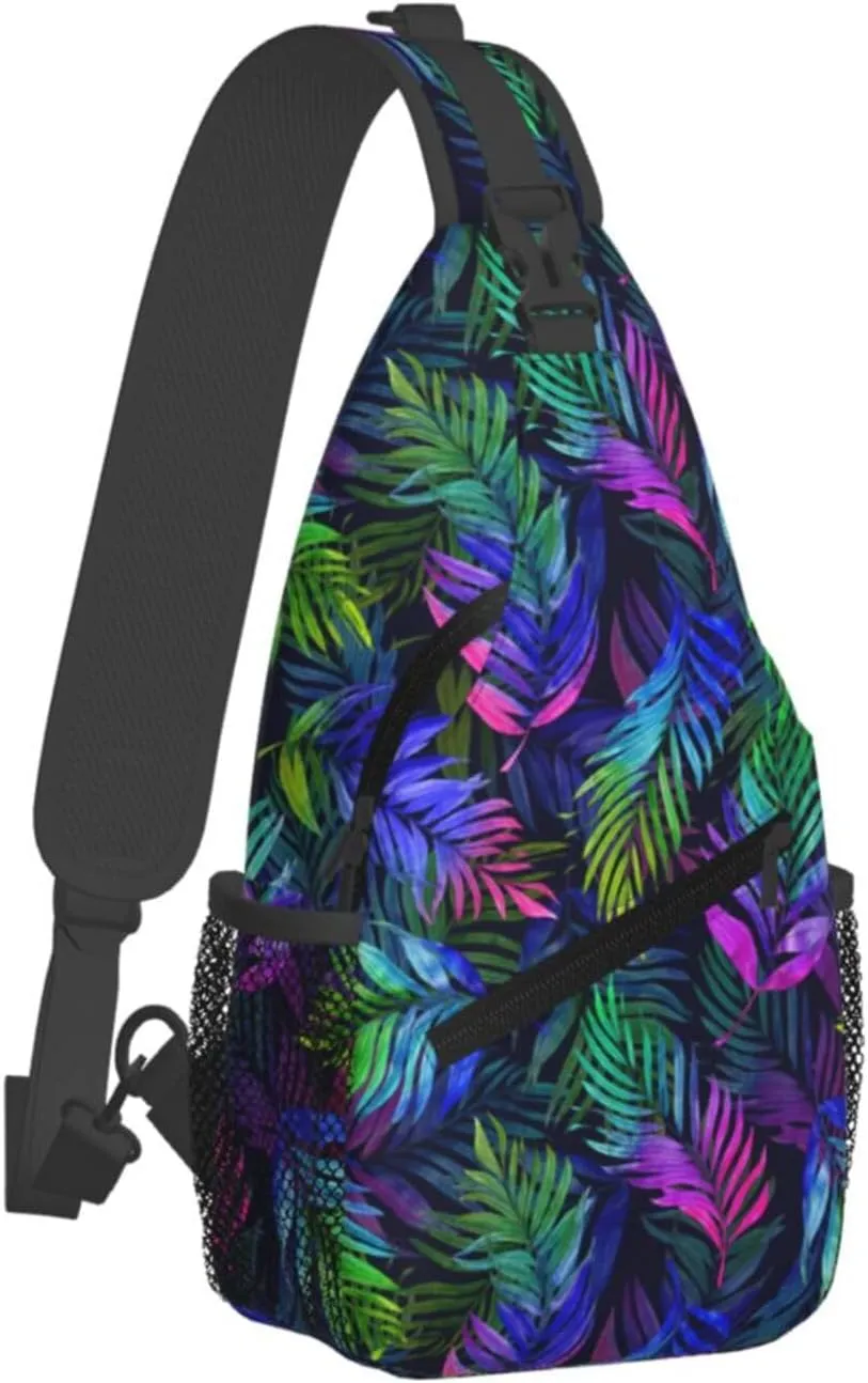 Purple Tropical Watercolor Palm Leaves Cross Chest Bag Diagonally Hiking Crossbody Bag Travel Shoulder Daypack Lightweight Sling Backpack Cycling Daypacks Fitness Chest Backpacks