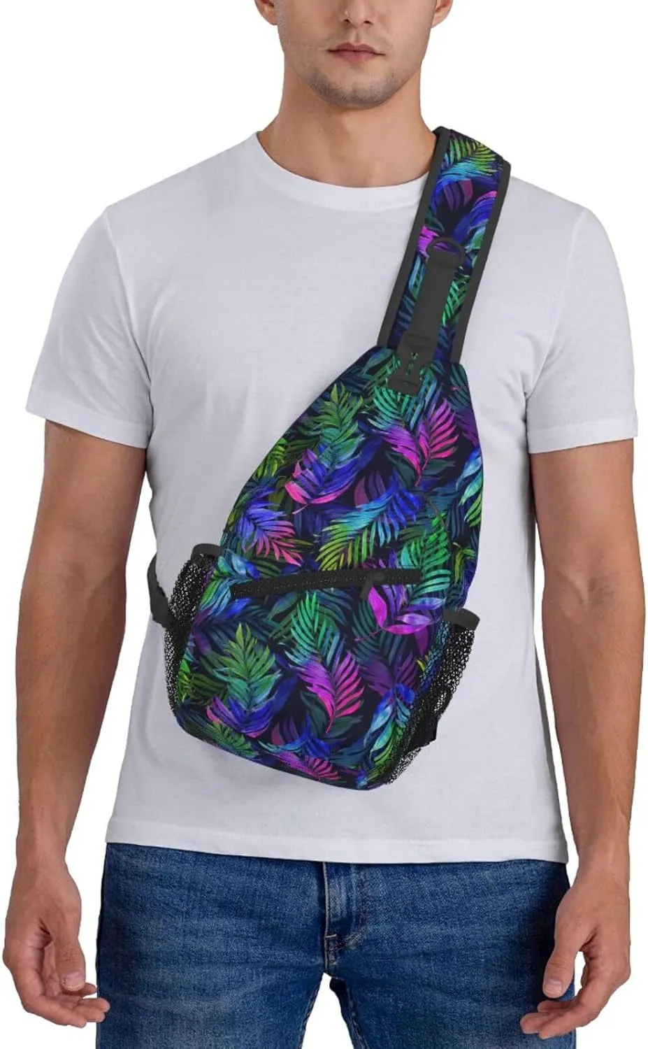 Purple Tropical Watercolor Palm Leaves Cross Chest Bag Diagonally Hiking Crossbody Bag Travel Shoulder Daypack Lightweight Sling Backpack Cycling Daypacks Fitness Chest Backpacks