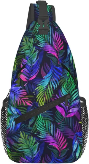 Purple Tropical Watercolor Palm Leaves Cross Chest Bag Diagonally Hiking Crossbody Bag Travel Shoulder Daypack Lightweight Sling Backpack Cycling Daypacks Fitness Chest Backpacks