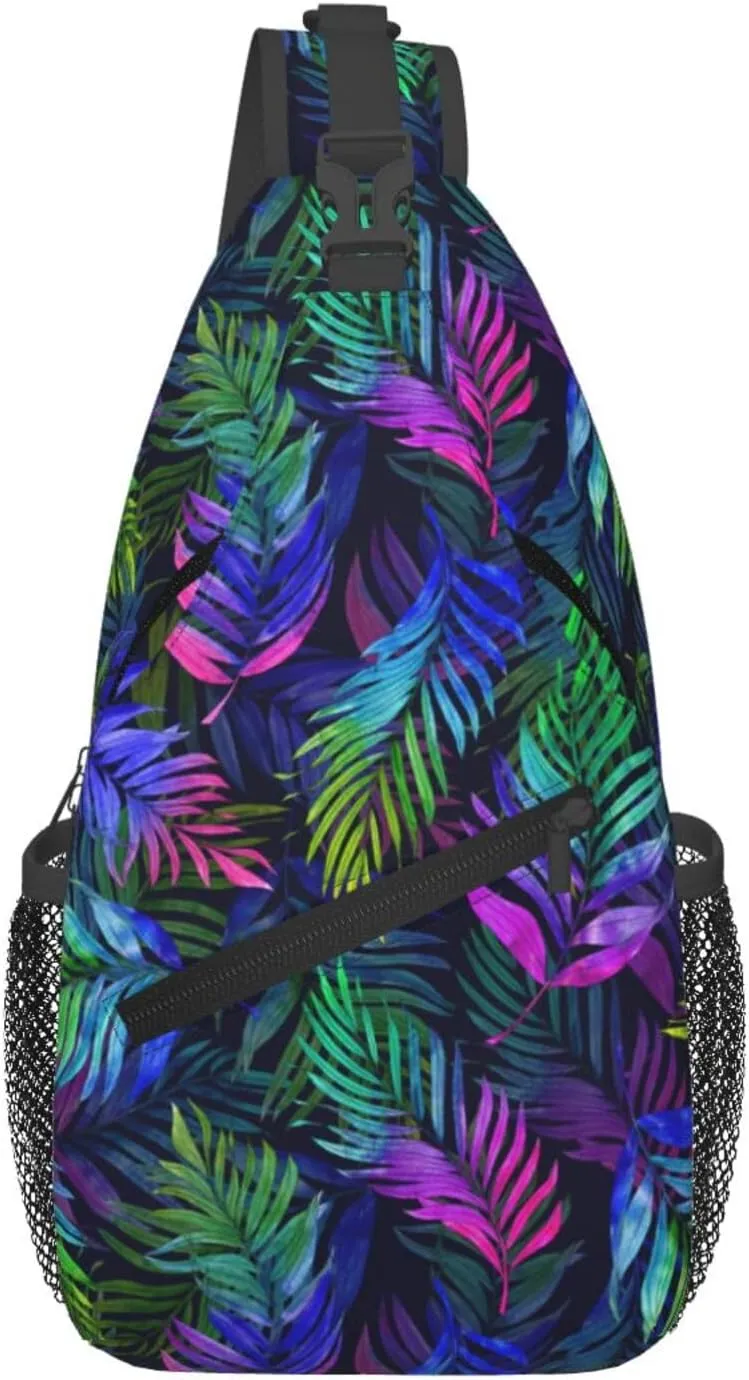 Purple Tropical Watercolor Palm Leaves Cross Chest Bag Diagonally Hiking Crossbody Bag Travel Shoulder Daypack Lightweight Sling Backpack Cycling Daypacks Fitness Chest Backpacks