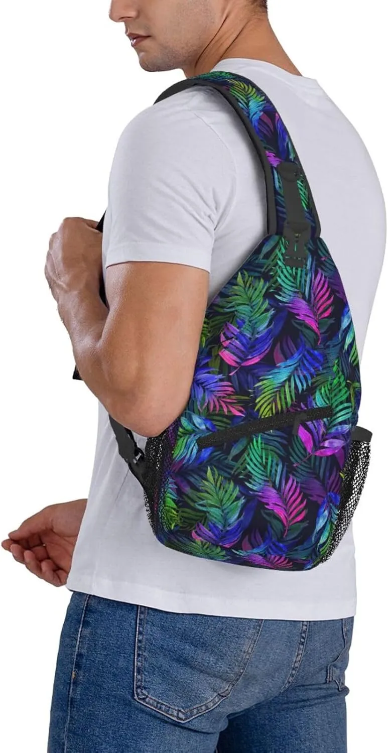 Purple Tropical Watercolor Palm Leaves Cross Chest Bag Diagonally Hiking Crossbody Bag Travel Shoulder Daypack Lightweight Sling Backpack Cycling Daypacks Fitness Chest Backpacks