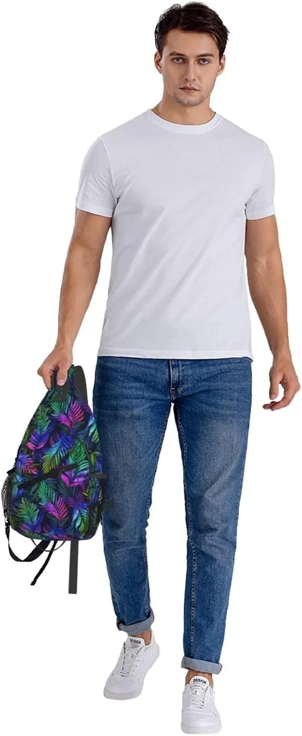 Purple Tropical Watercolor Palm Leaves Cross Chest Bag Diagonally Hiking Crossbody Bag Travel Shoulder Daypack Lightweight Sling Backpack Cycling Daypacks Fitness Chest Backpacks