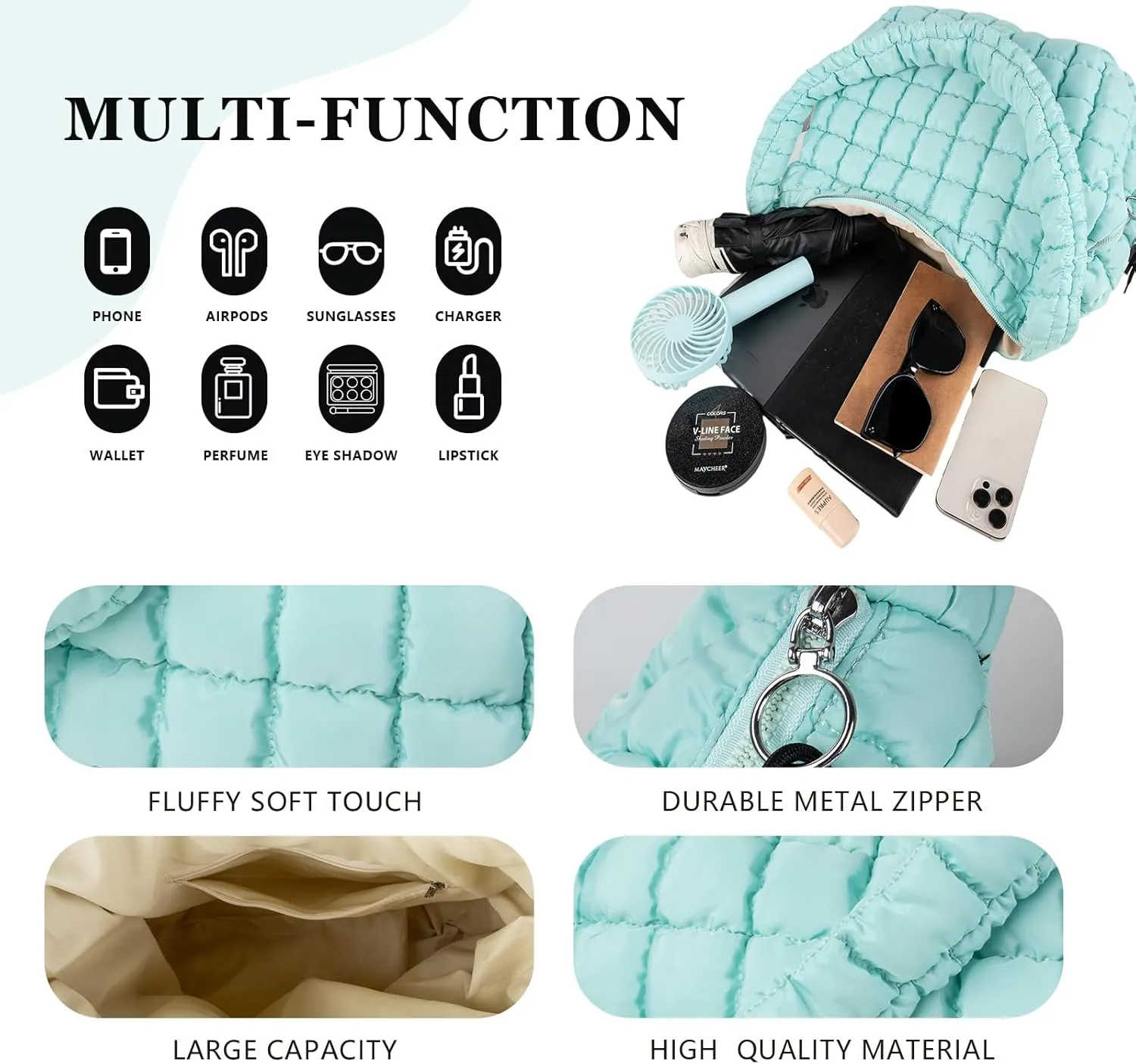 Quilted Puffer Tote Bag Large Crossbody Shoulder Bag with Zipper, Nylon Bubble Hobo Handbag Carryall Bag for Women