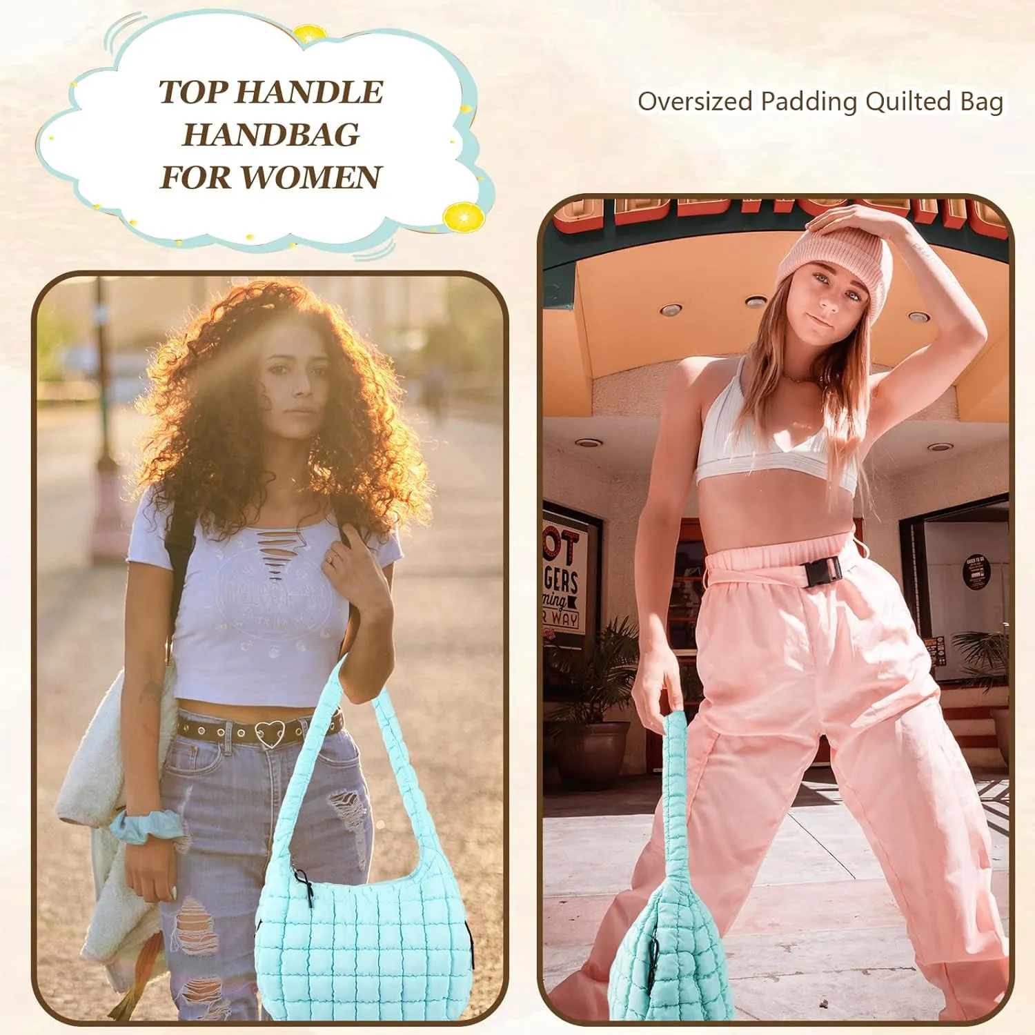 Quilted Puffer Tote Bag Large Crossbody Shoulder Bag with Zipper, Nylon Bubble Hobo Handbag Carryall Bag for Women